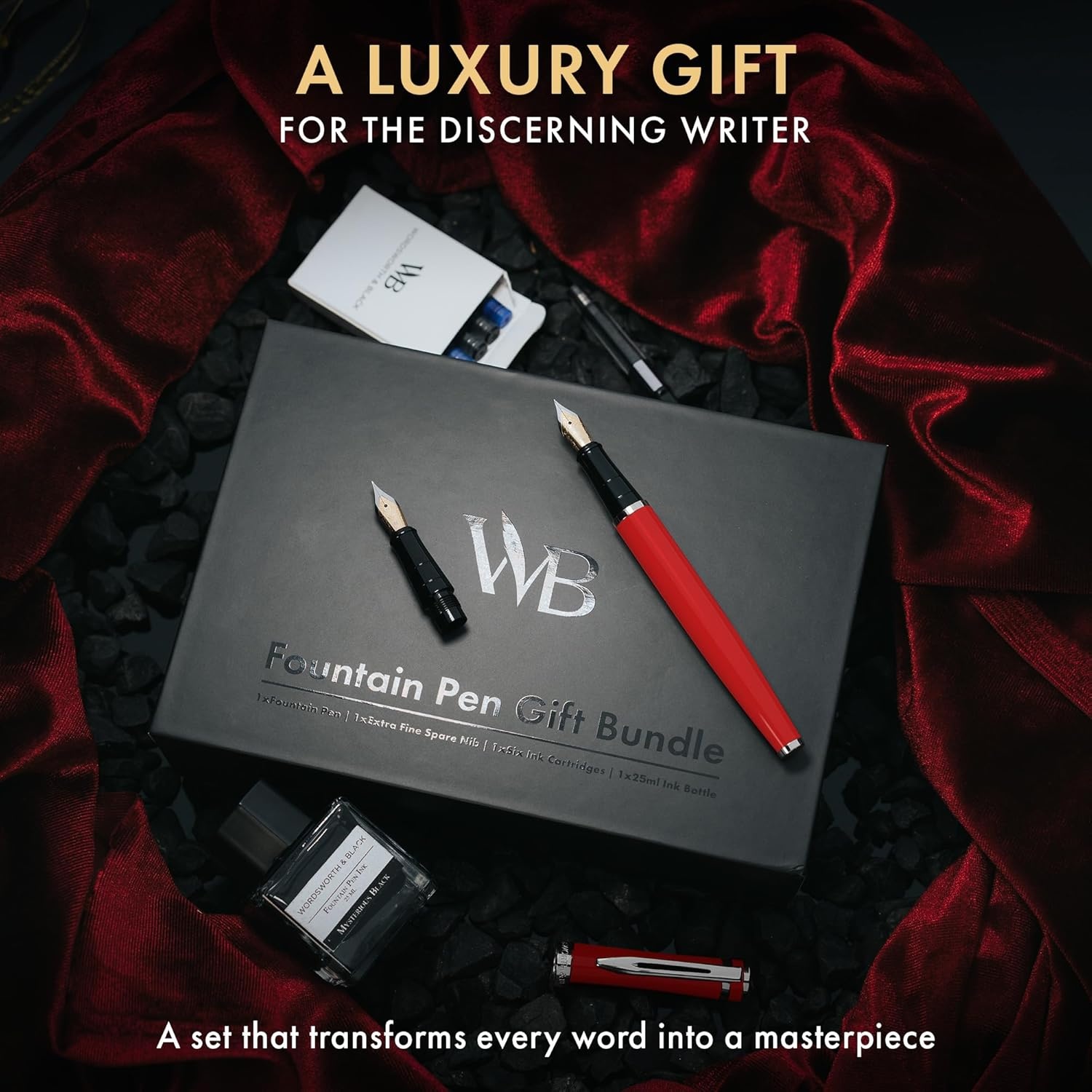 image:imageWordsworth amp Black Fountain Pen Set18K Gilded Medium and Extra Fine Nib25ML Black Ink Bottle6 Ink CartridgesRefill ConverterGift BoxSmooth Writing Pen Silver ChromeGift Set for Men and WomenRed Chrome