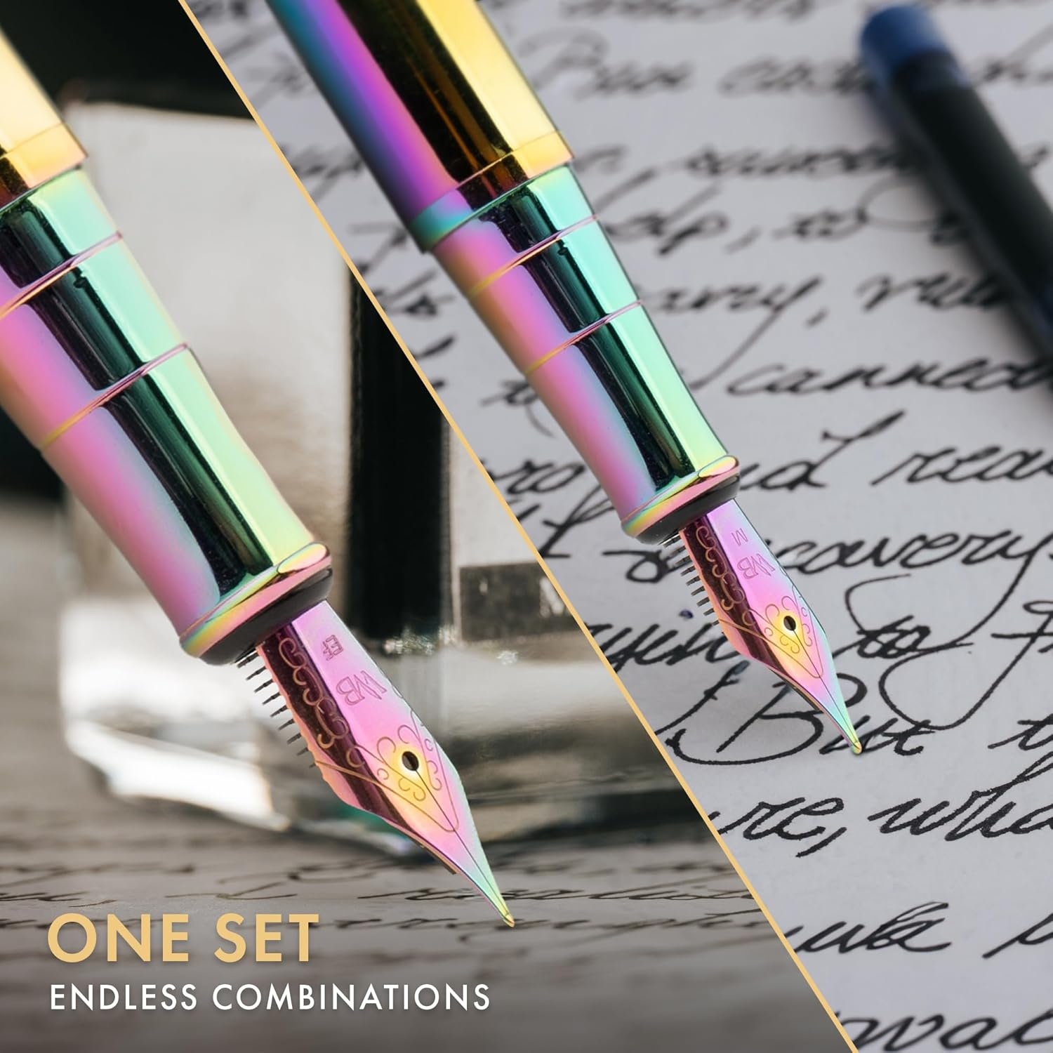 image:imageWordsworth amp Black Fountain Pen Set18K Gilded Medium and Extra Fine Nib25ML Black Ink Bottle6 Ink CartridgesRefill ConverterGift BoxSmooth Writing Pen Silver ChromeGift Set for Men and WomenRainbow
