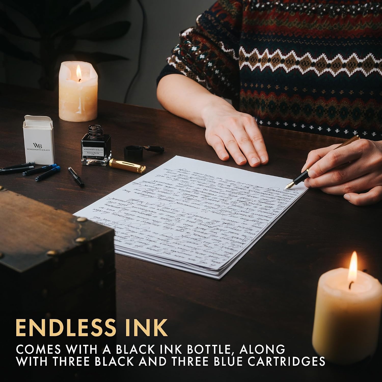 image:imageWordsworth amp Black Fountain Pen Set18K Gilded Medium and Extra Fine Nib25ML Black Ink Bottle6 Ink CartridgesRefill ConverterGift BoxSmooth Writing Pen Silver ChromeGift Set for Men and WomenBrown Gold