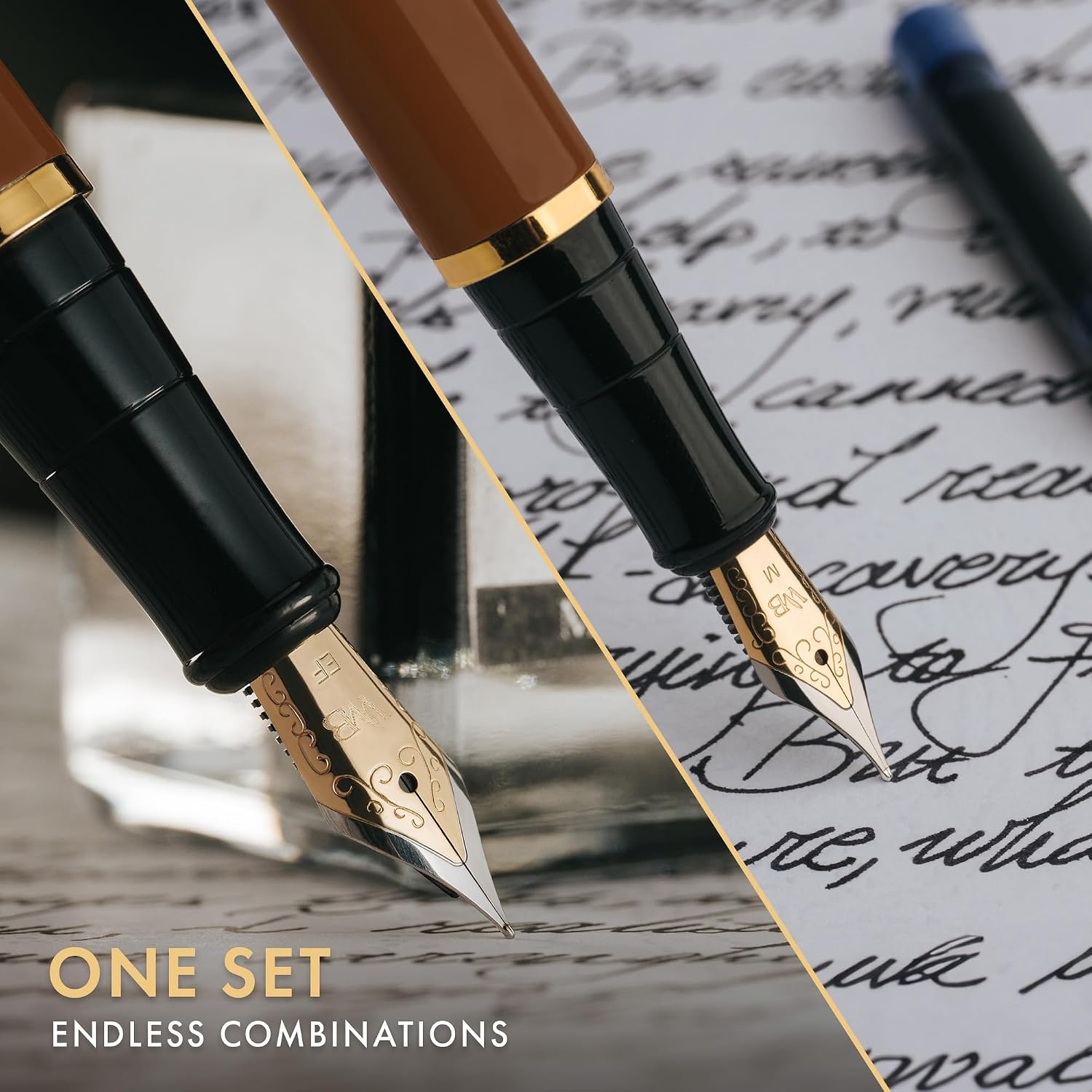 image:imageWordsworth amp Black Fountain Pen Set18K Gilded Medium and Extra Fine Nib25ML Black Ink Bottle6 Ink CartridgesRefill ConverterGift BoxSmooth Writing Pen Silver ChromeGift Set for Men and WomenBrown Gold