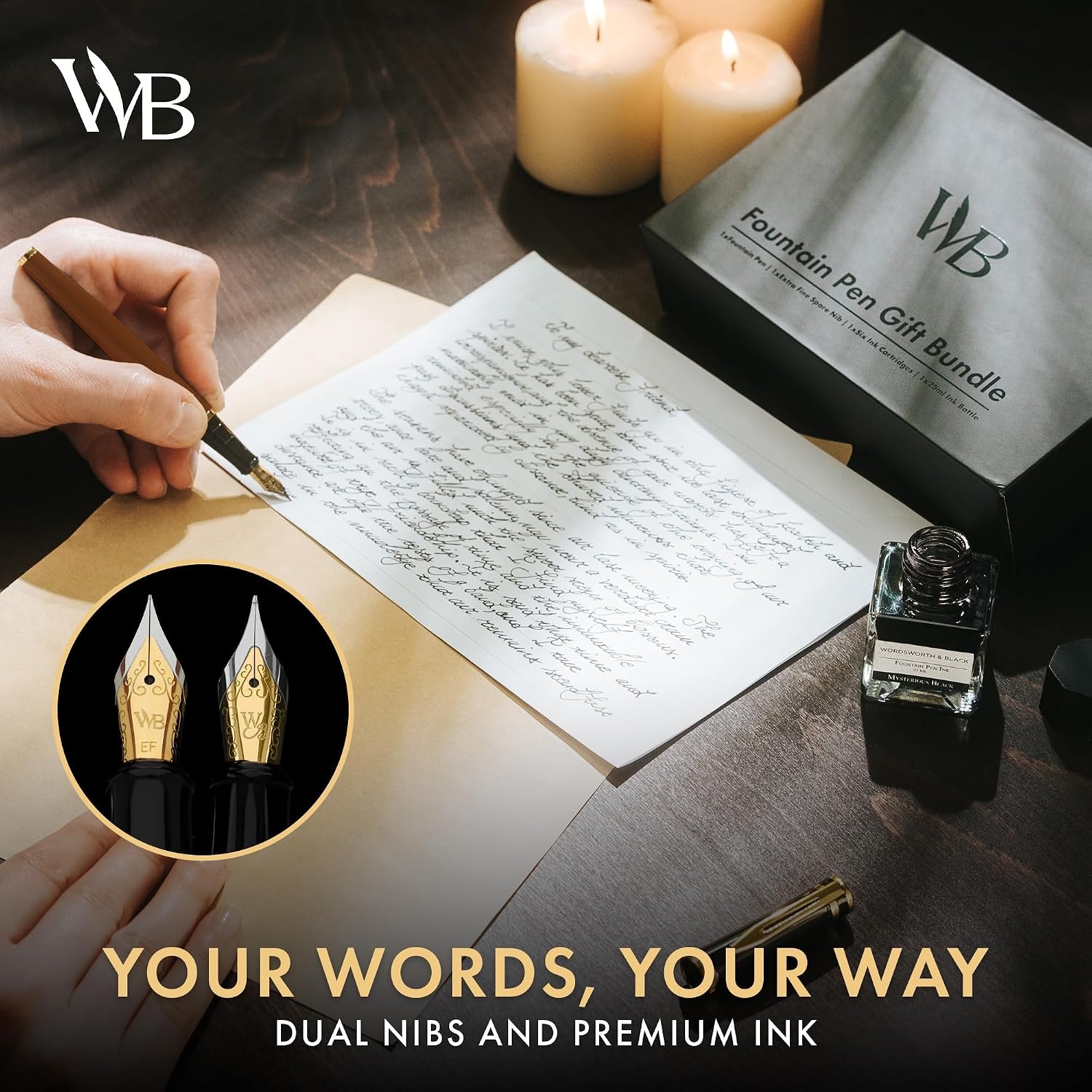 image:imageWordsworth amp Black Fountain Pen Set18K Gilded Medium and Extra Fine Nib25ML Black Ink Bottle6 Ink CartridgesRefill ConverterGift BoxSmooth Writing Pen Silver ChromeGift Set for Men and WomenBrown Gold