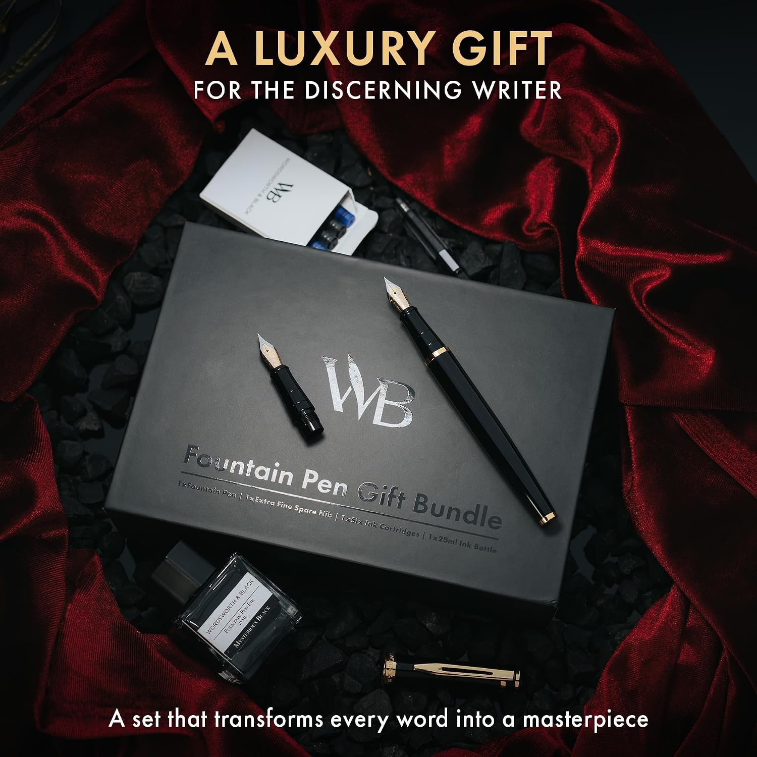 image:imageWordsworth amp Black Fountain Pen Set18K Gilded Medium and Extra Fine Nib25ML Black Ink Bottle6 Ink CartridgesRefill ConverterGift BoxSmooth Writing Pen Silver ChromeGift Set for Men and WomenBlack Gold