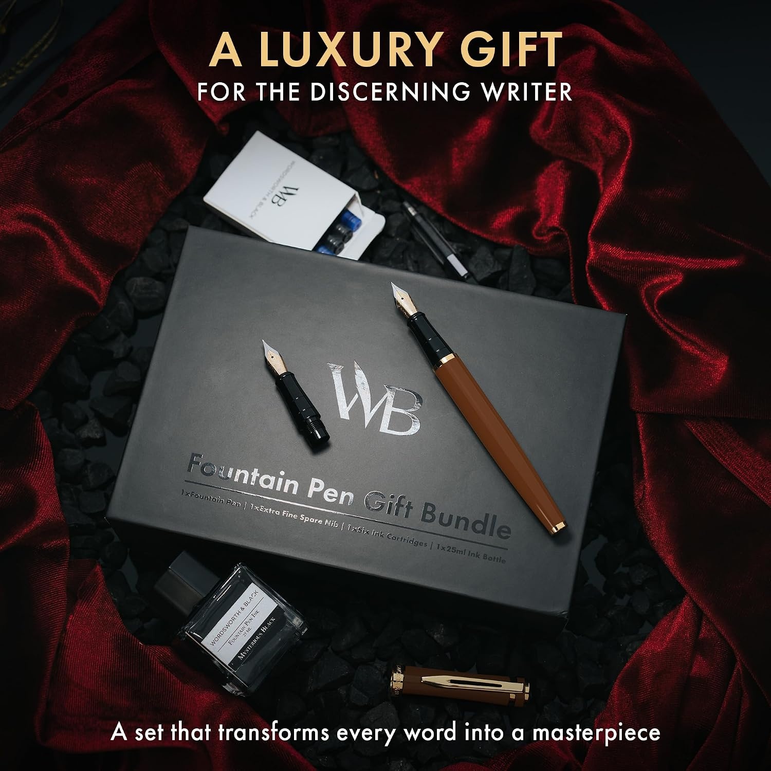 image:imageWordsworth amp Black Fountain Pen Set18K Gilded Medium and Extra Fine Nib25ML Black Ink Bottle6 Ink CartridgesRefill ConverterGift BoxSmooth Writing Pen Silver ChromeGift Set for Men and WomenBrown Gold