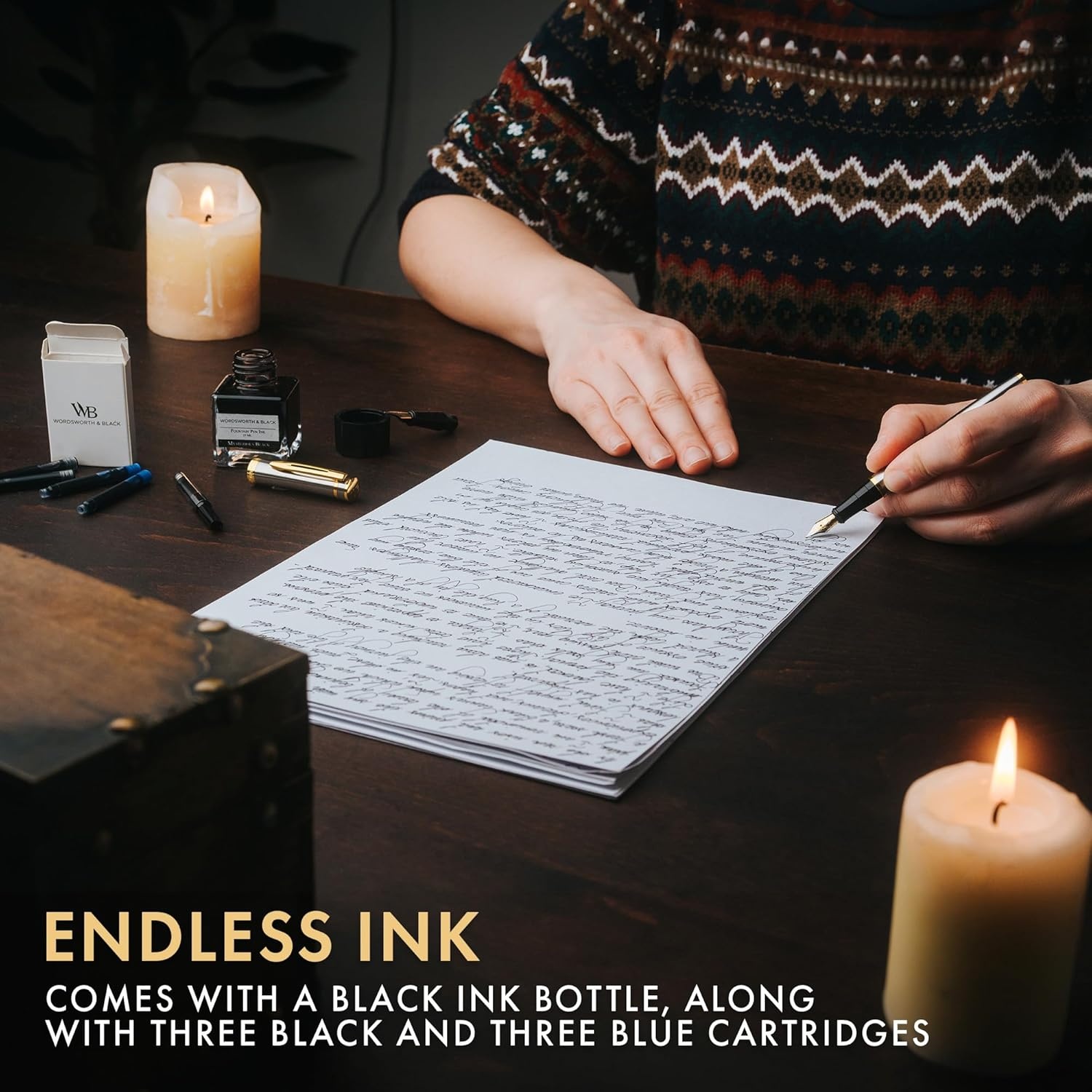 image:imageWordsworth amp Black Fountain Pen Set18K Gilded Medium and Extra Fine Nib25ML Black Ink Bottle6 Ink CartridgesRefill ConverterGift BoxSmooth Writing Pen Silver ChromeGift Set for Men and WomenSilver Gold