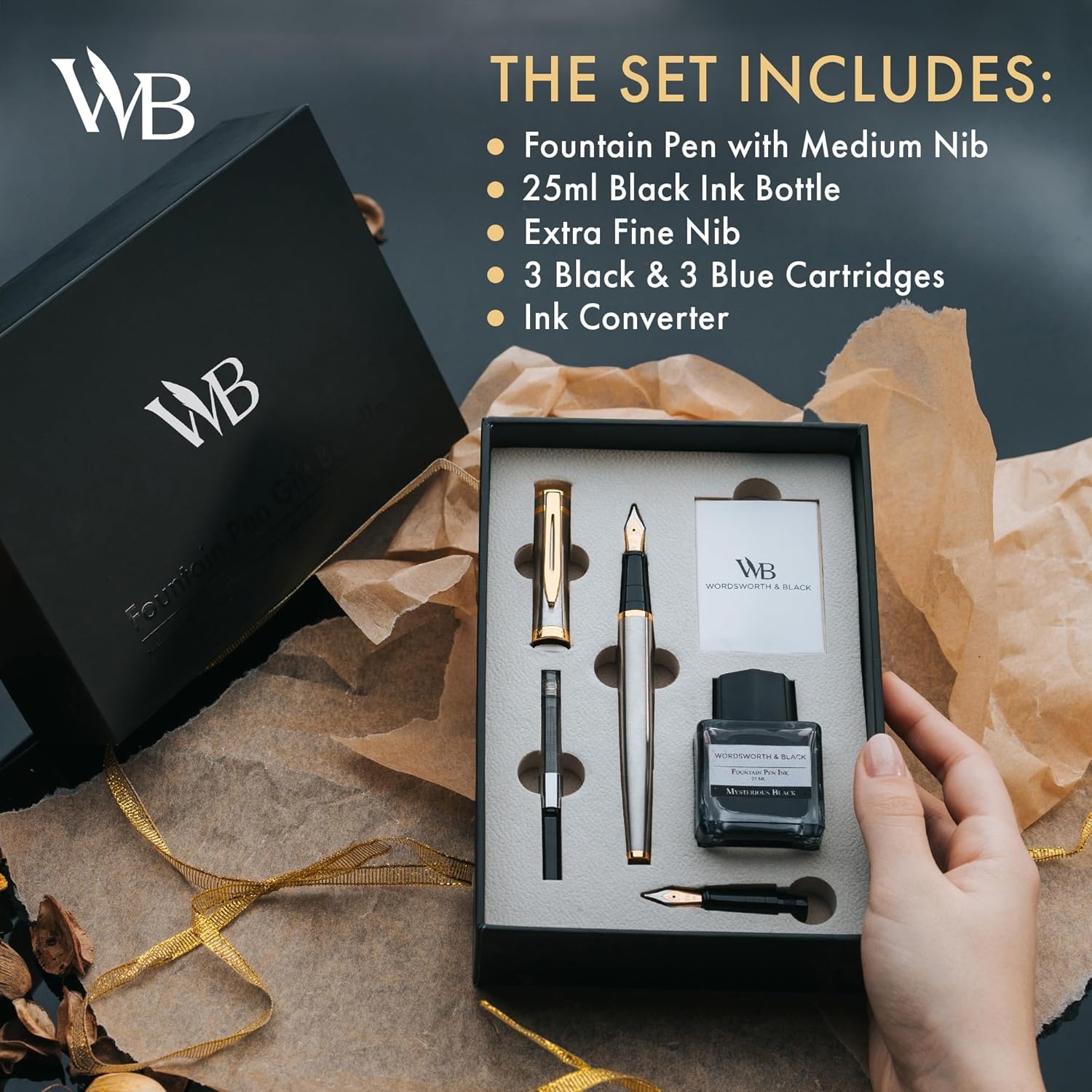 image:imageWordsworth amp Black Fountain Pen Set18K Gilded Medium and Extra Fine Nib25ML Black Ink Bottle6 Ink CartridgesRefill ConverterGift BoxSmooth Writing Pen Silver ChromeGift Set for Men and WomenSilver Gold