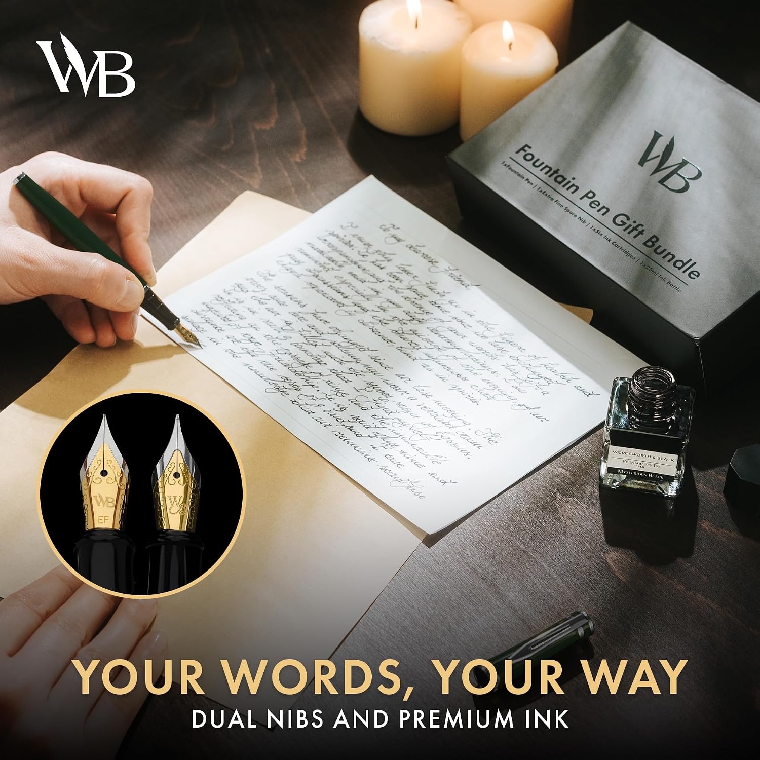 image:imageWordsworth amp Black Fountain Pen Set18K Gilded Medium and Extra Fine Nib25ML Black Ink Bottle6 Ink CartridgesRefill ConverterGift BoxSmooth Writing Pen Silver ChromeGift Set for Men and WomenGreen Chrome