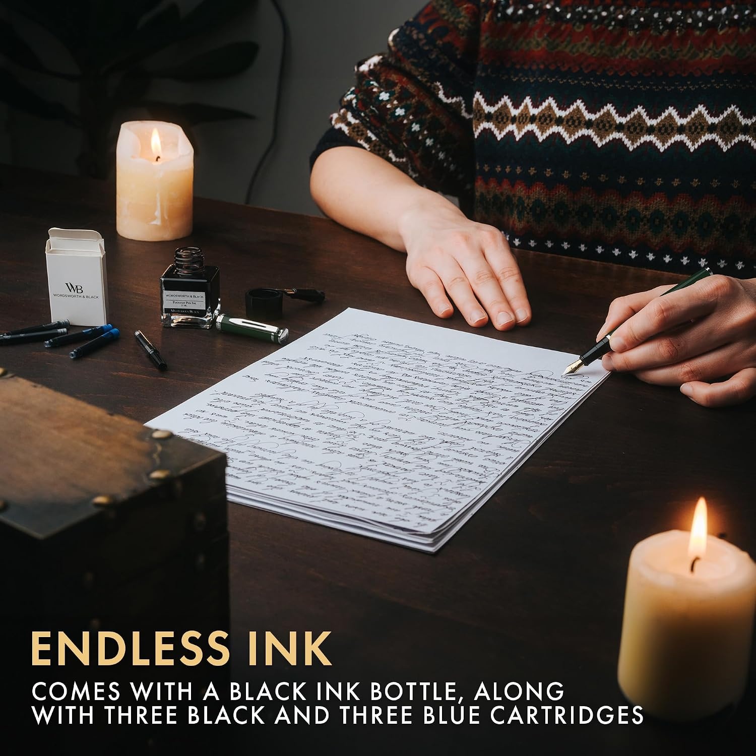 image:imageWordsworth amp Black Fountain Pen Set18K Gilded Medium and Extra Fine Nib25ML Black Ink Bottle6 Ink CartridgesRefill ConverterGift BoxSmooth Writing Pen Silver ChromeGift Set for Men and WomenGreen Chrome
