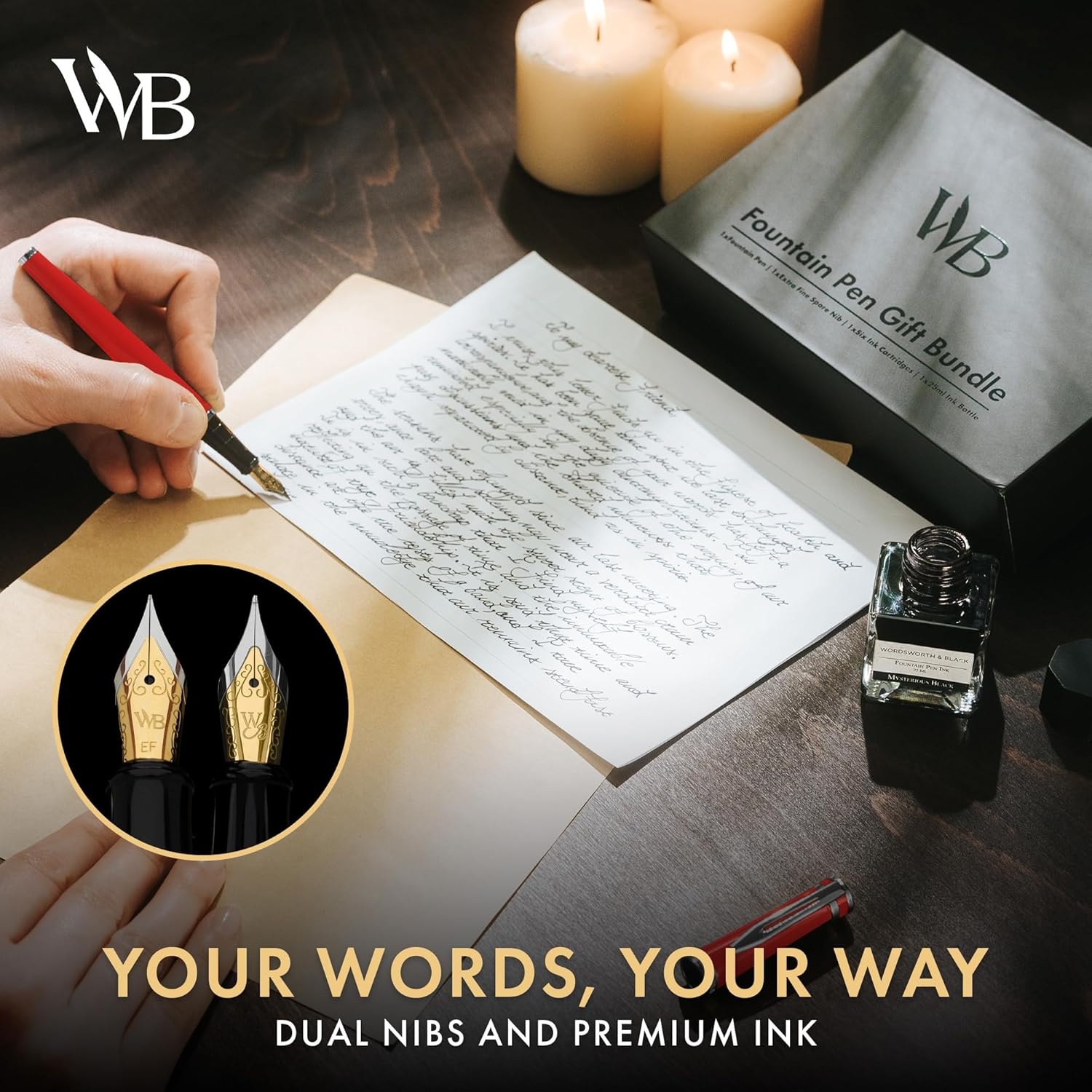image:imageWordsworth amp Black Fountain Pen Set18K Gilded Medium and Extra Fine Nib25ML Black Ink Bottle6 Ink CartridgesRefill ConverterGift BoxSmooth Writing Pen Silver ChromeGift Set for Men and WomenRed Chrome