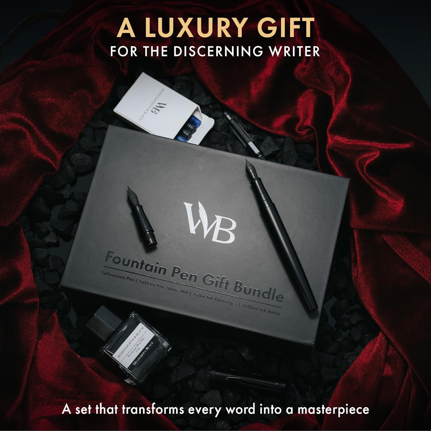 image:imageWordsworth amp Black Fountain Pen Set18K Gilded Medium and Extra Fine Nib25ML Black Ink Bottle6 Ink CartridgesRefill ConverterGift BoxSmooth Writing Pen Silver ChromeGift Set for Men and WomenAll Black