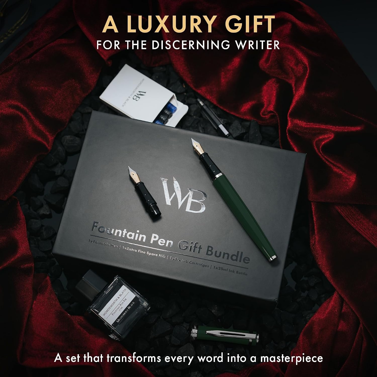 image:imageWordsworth amp Black Fountain Pen Set18K Gilded Medium and Extra Fine Nib25ML Black Ink Bottle6 Ink CartridgesRefill ConverterGift BoxSmooth Writing Pen Silver ChromeGift Set for Men and WomenGreen Chrome