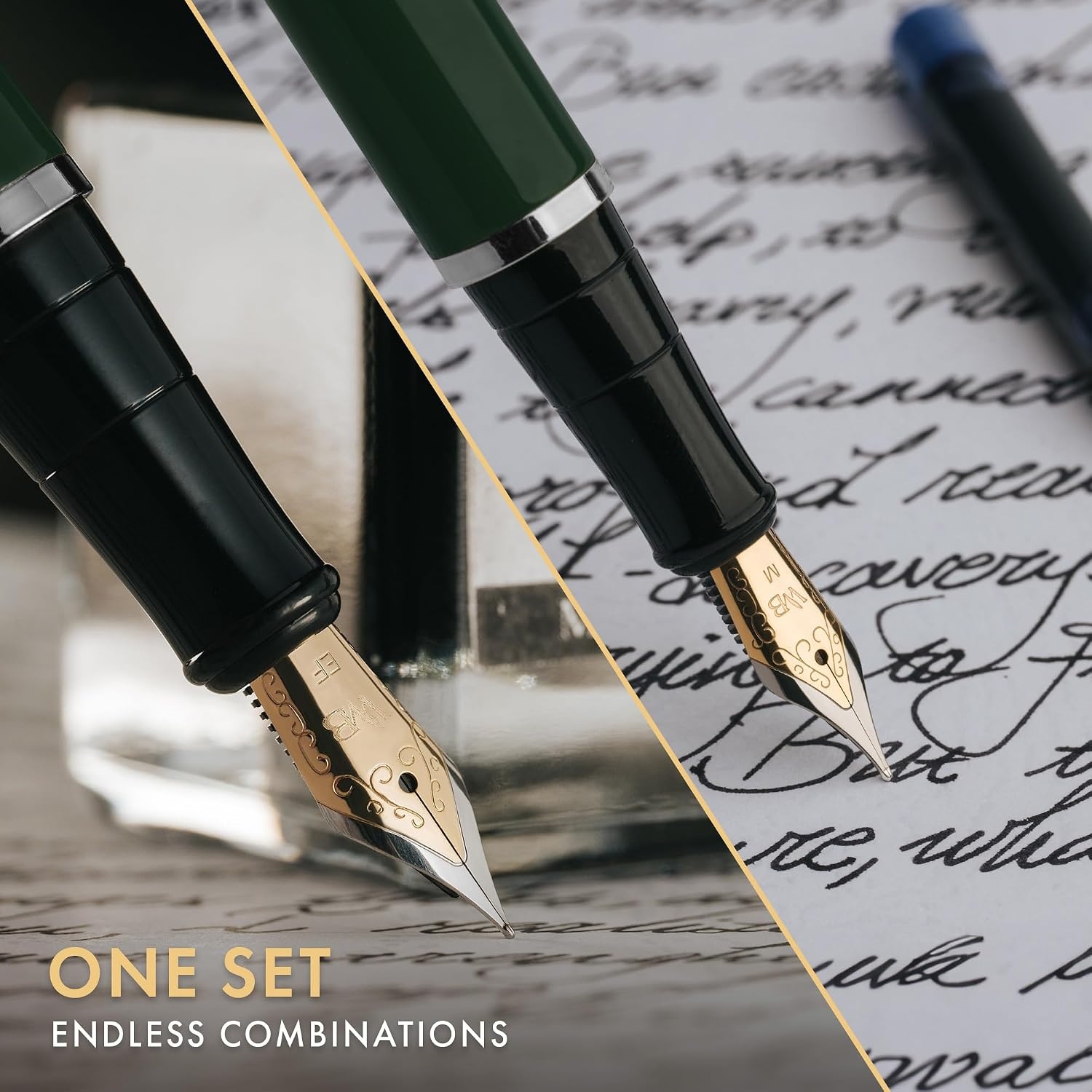 image:imageWordsworth amp Black Fountain Pen Set18K Gilded Medium and Extra Fine Nib25ML Black Ink Bottle6 Ink CartridgesRefill ConverterGift BoxSmooth Writing Pen Silver ChromeGift Set for Men and WomenGreen Chrome