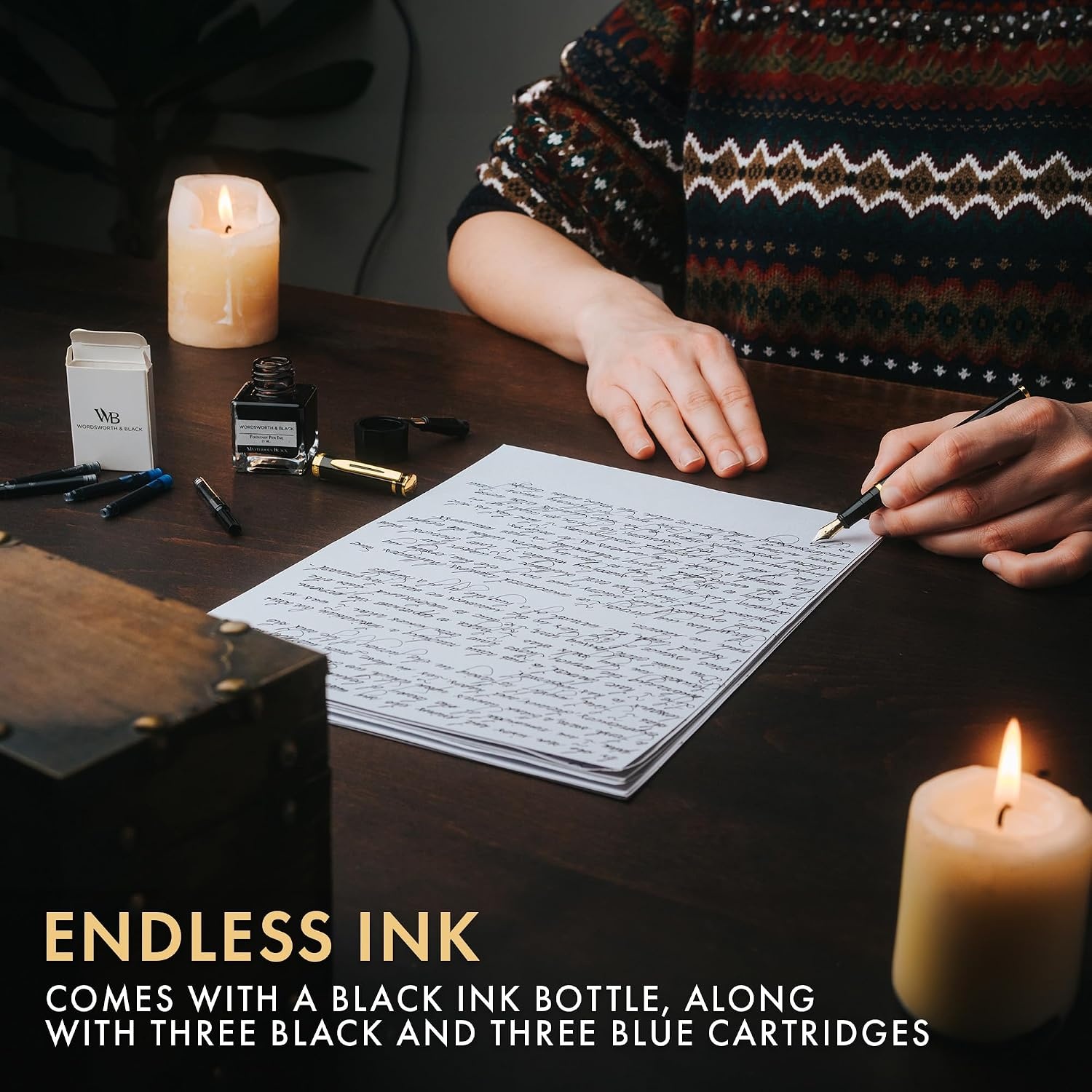 image:imageWordsworth amp Black Fountain Pen Set18K Gilded Medium and Extra Fine Nib25ML Black Ink Bottle6 Ink CartridgesRefill ConverterGift BoxSmooth Writing Pen Silver ChromeGift Set for Men and WomenBlack Gold