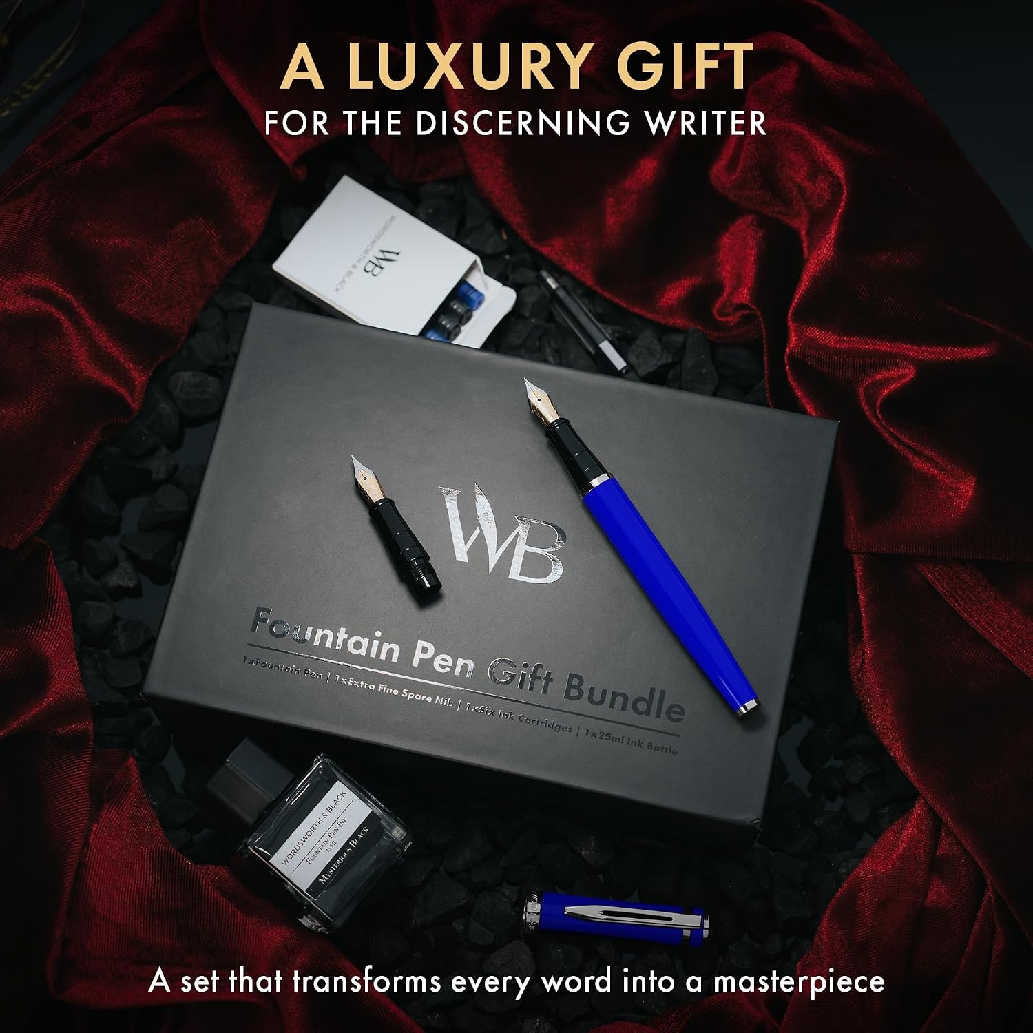 image:imageWordsworth amp Black Fountain Pen Set18K Gilded Medium and Extra Fine Nib25ML Black Ink Bottle6 Ink CartridgesRefill ConverterGift BoxSmooth Writing Pen Silver ChromeGift Set for Men and WomenBlue Chrome