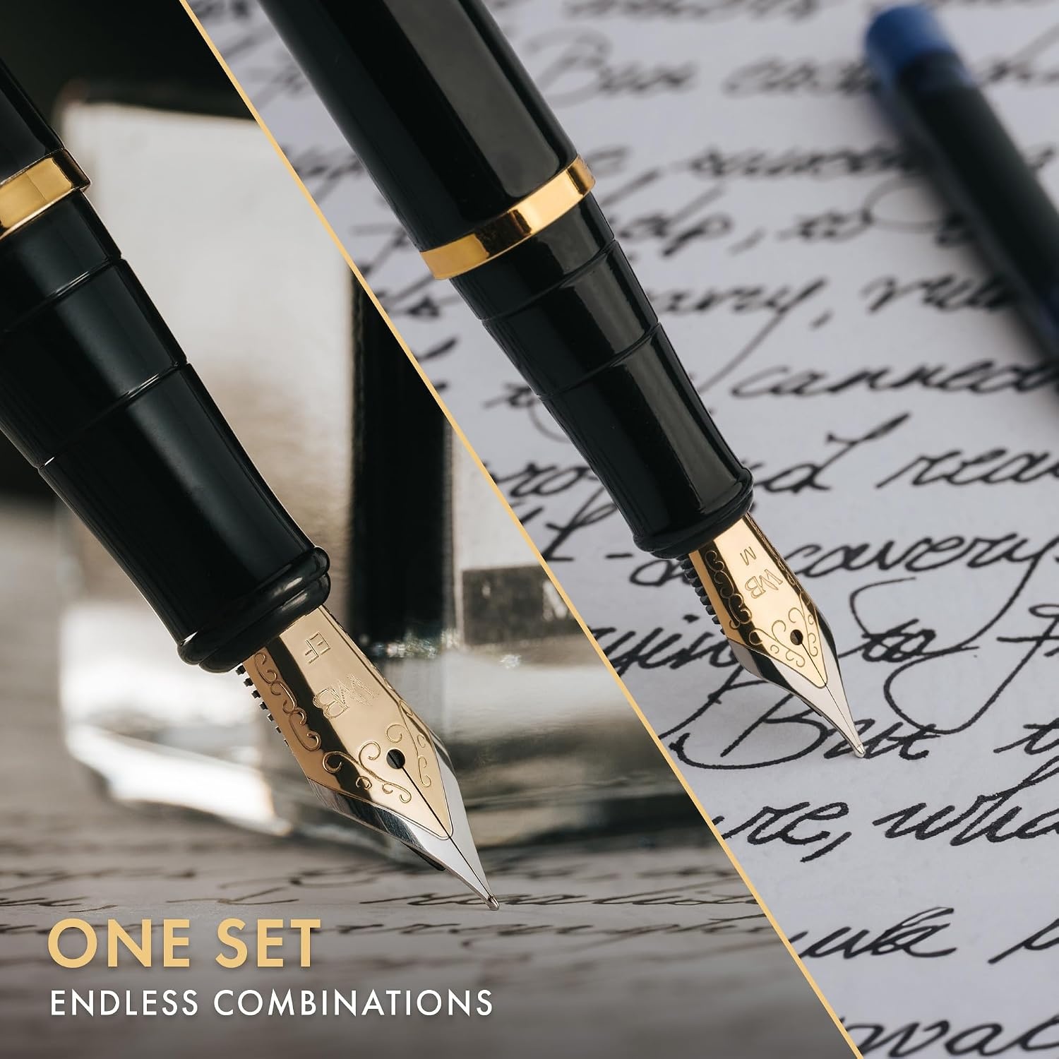 image:imageWordsworth amp Black Fountain Pen Set18K Gilded Medium and Extra Fine Nib25ML Black Ink Bottle6 Ink CartridgesRefill ConverterGift BoxSmooth Writing Pen Silver ChromeGift Set for Men and WomenBlack Gold