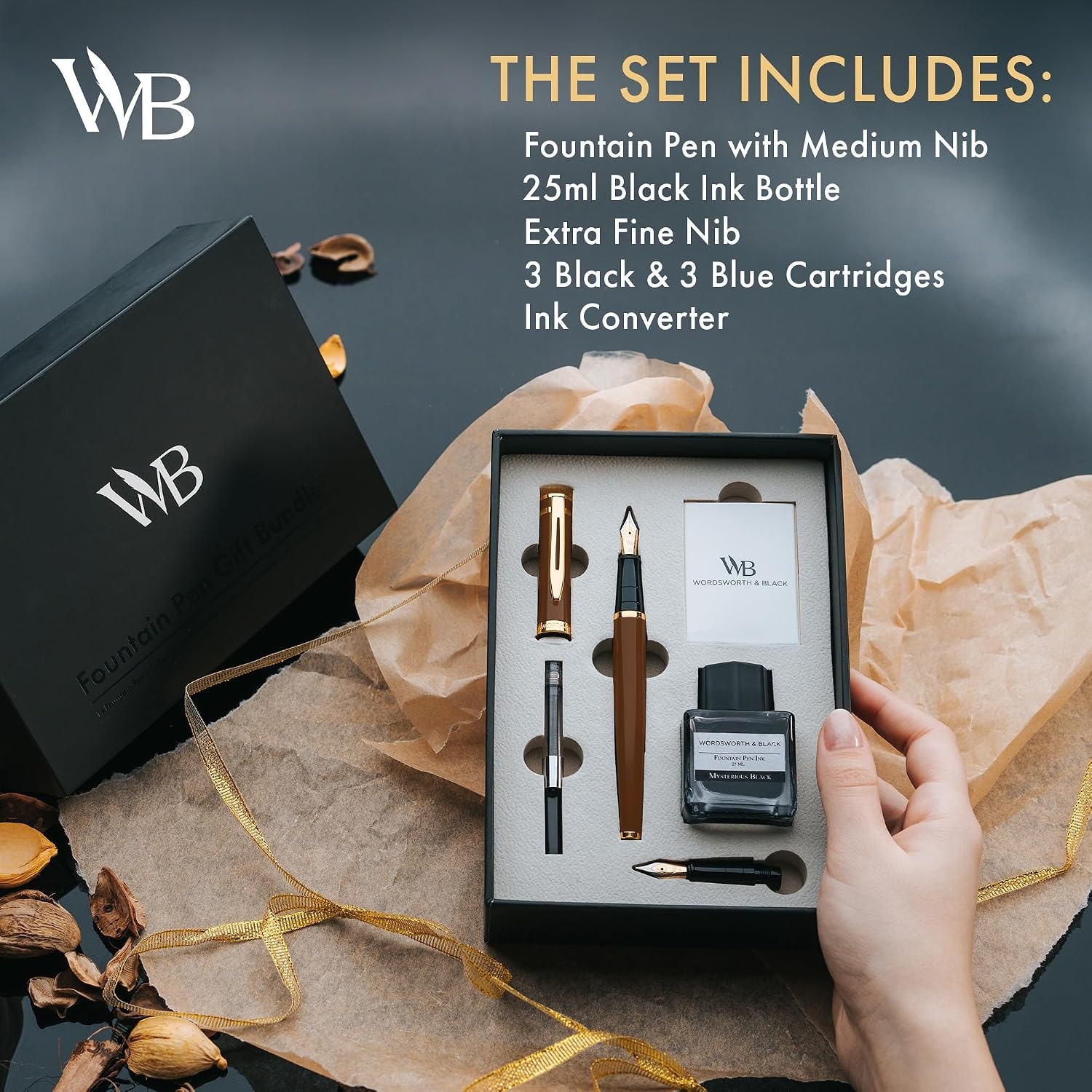 image:imageWordsworth amp Black Fountain Pen Set18K Gilded Medium and Extra Fine Nib25ML Black Ink Bottle6 Ink CartridgesRefill ConverterGift BoxSmooth Writing Pen Silver ChromeGift Set for Men and WomenBrown Gold