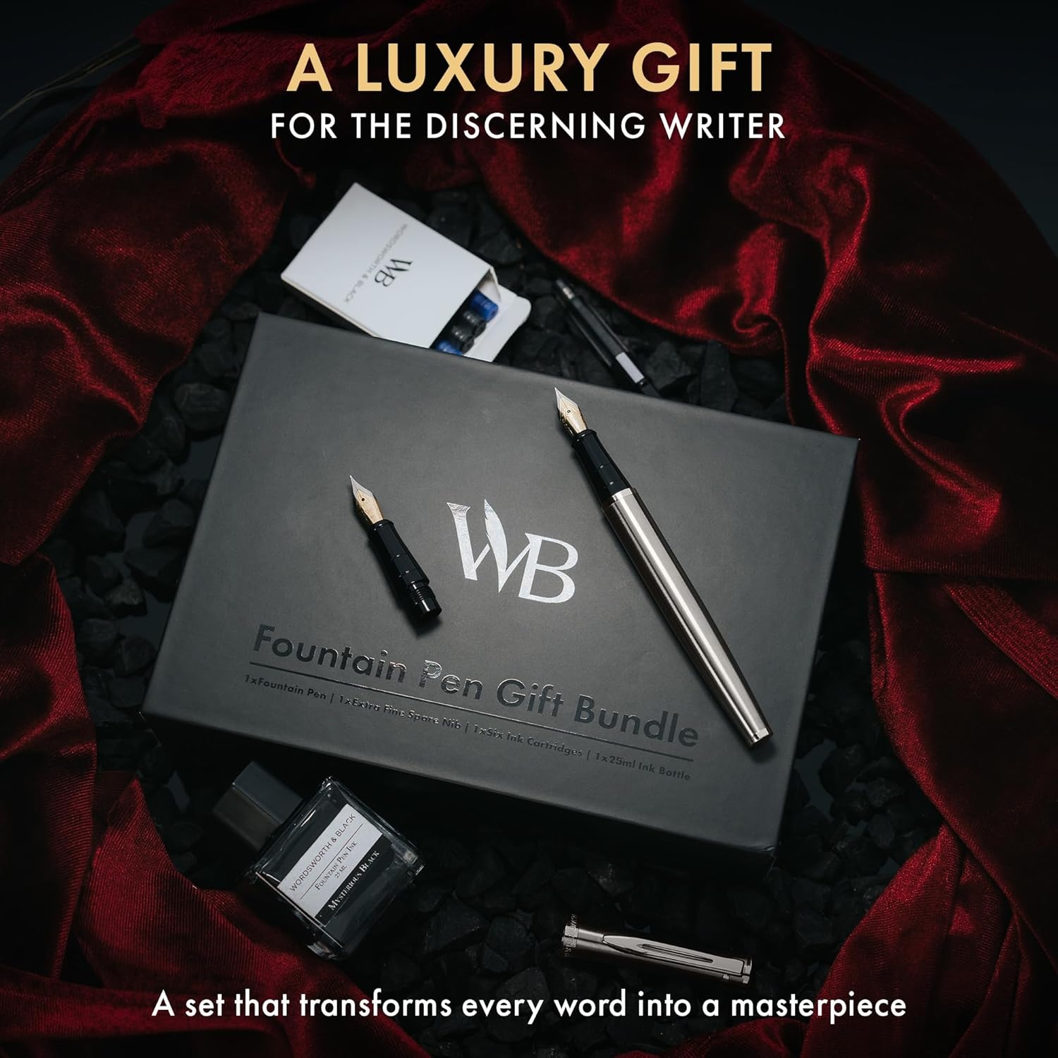 image:imageWordsworth amp Black Fountain Pen Set18K Gilded Medium and Extra Fine Nib25ML Black Ink Bottle6 Ink CartridgesRefill ConverterGift BoxSmooth Writing Pen Silver ChromeGift Set for Men and WomenSilver Chrome