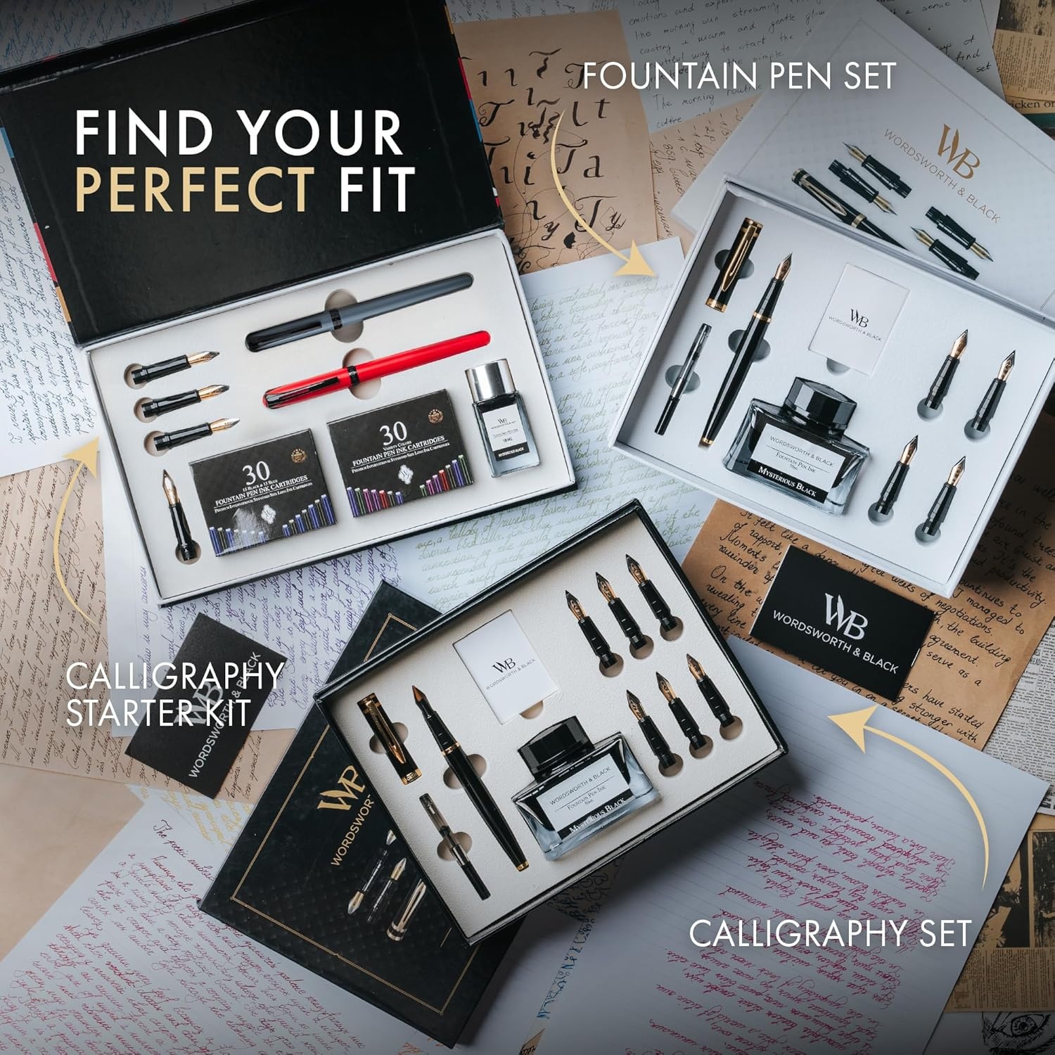 image:imageWordsworth and Black Calligraphy Pen Set Black Includes 2 Calligraphy Pens 18 ML Ink Bottle 60 Ink Cartridges A Refill Converter 1 Medium and 4 Broad Nibs Brush PenRed Grey