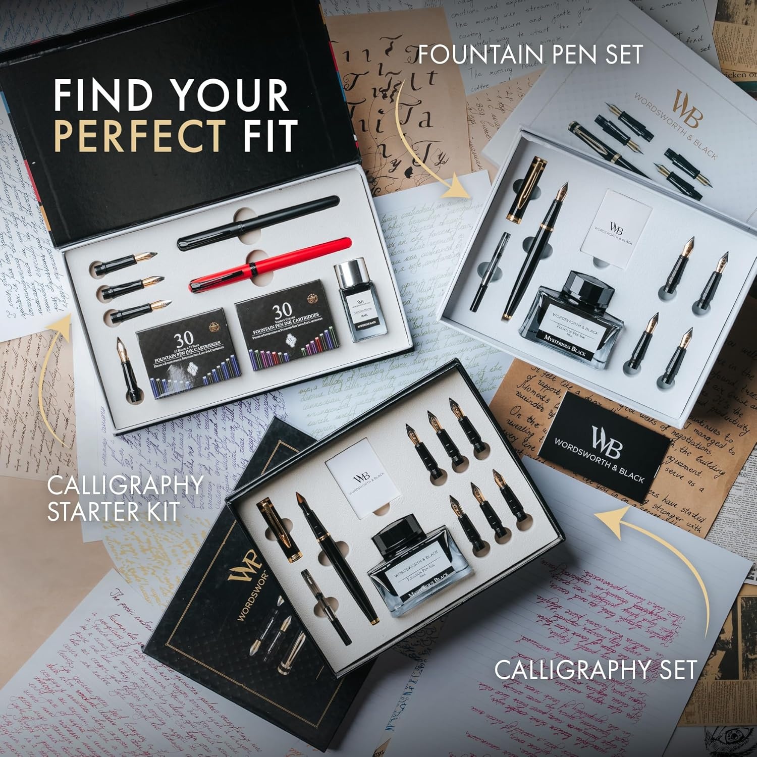 image:imageWordsworth and Black Calligraphy Pen Set Black Includes 2 Calligraphy Pens 18 ML Ink Bottle 60 Ink Cartridges A Refill Converter 1 Medium and 4 Broad Nibs Brush PenRed Black