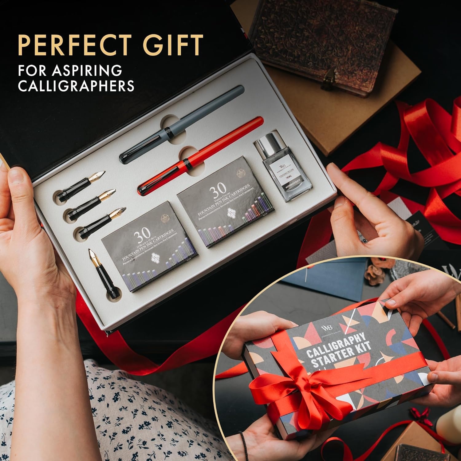 image:imageWordsworth and Black Calligraphy Pen Set Grey Includes 2 Calligraphy Pens 18 ML Ink Bottle 60 Ink Cartridges A Refill Converter 1 Medium and 4 Broad Nibs Brush PenRed Grey