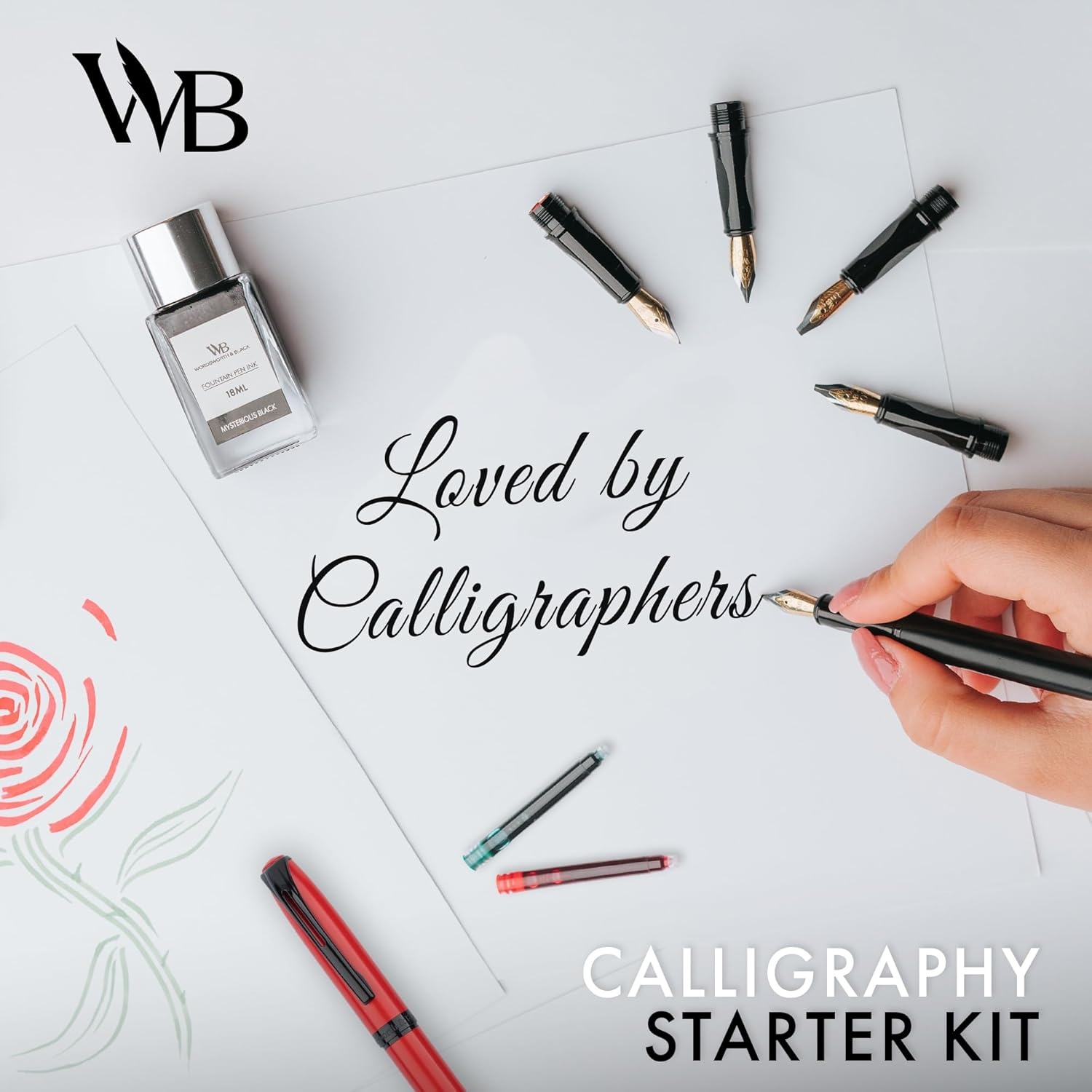 image:imageWordsworth and Black Calligraphy Pen Set Grey Includes 2 Calligraphy Pens 18 ML Ink Bottle 60 Ink Cartridges A Refill Converter 1 Medium and 4 Broad Nibs Brush PenRed Black