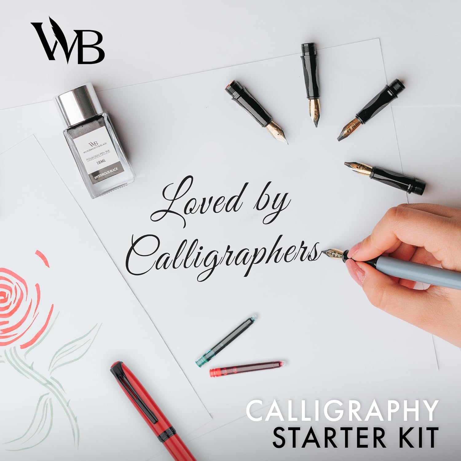 image:imageWordsworth and Black Calligraphy Pen Set Grey Includes 2 Calligraphy Pens 18 ML Ink Bottle 60 Ink Cartridges A Refill Converter 1 Medium and 4 Broad Nibs Brush PenRed Grey