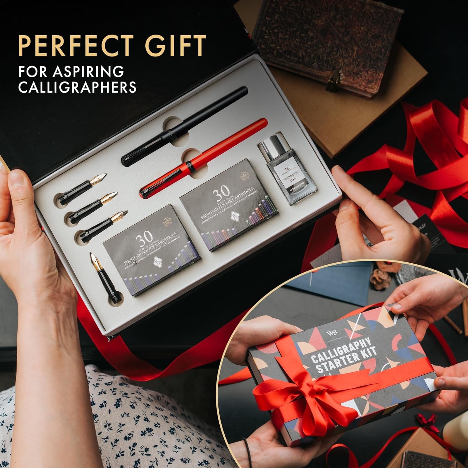 image:imageWordsworth and Black Calligraphy Pen Set Grey Includes 2 Calligraphy Pens 18 ML Ink Bottle 60 Ink Cartridges A Refill Converter 1 Medium and 4 Broad Nibs Brush PenRed Black