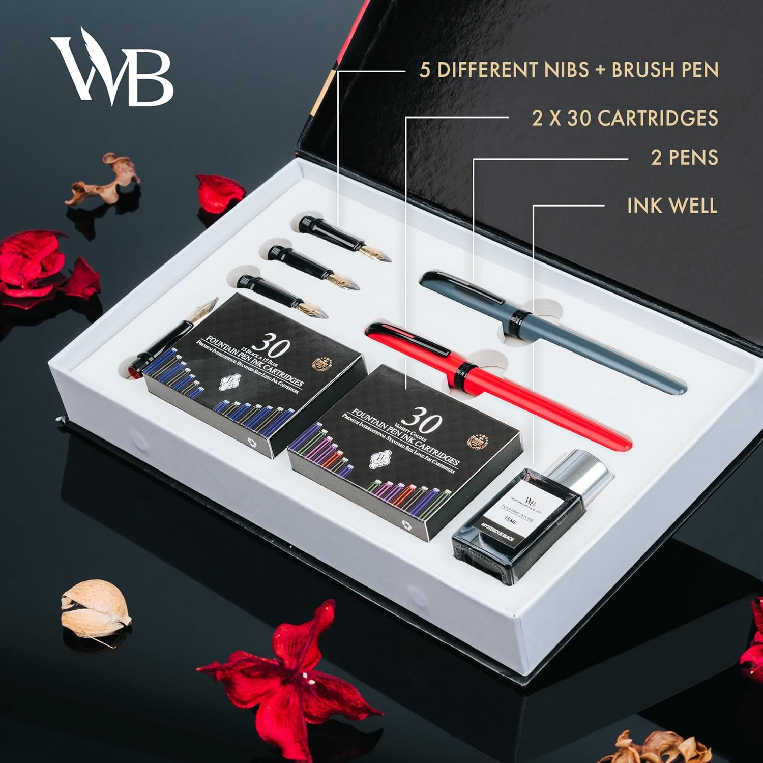image:imageWordsworth and Black Calligraphy Pen Set Grey Includes 2 Calligraphy Pens 18 ML Ink Bottle 60 Ink Cartridges A Refill Converter 1 Medium and 4 Broad Nibs Brush PenRed Grey