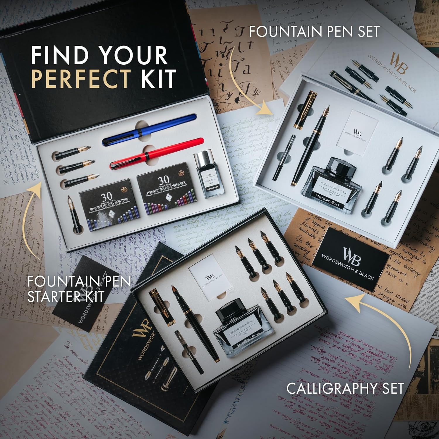 image:imageWordsworth and Black Fountain Pen Set Grey Includes 2 Pens 18 ML Ink Bottle 60 Ink Cartridges A Refill Converter 1 Medium and 4 Broad Nibs Brush Pen Fountain Pen Kit for BeginnersRed and Blue
