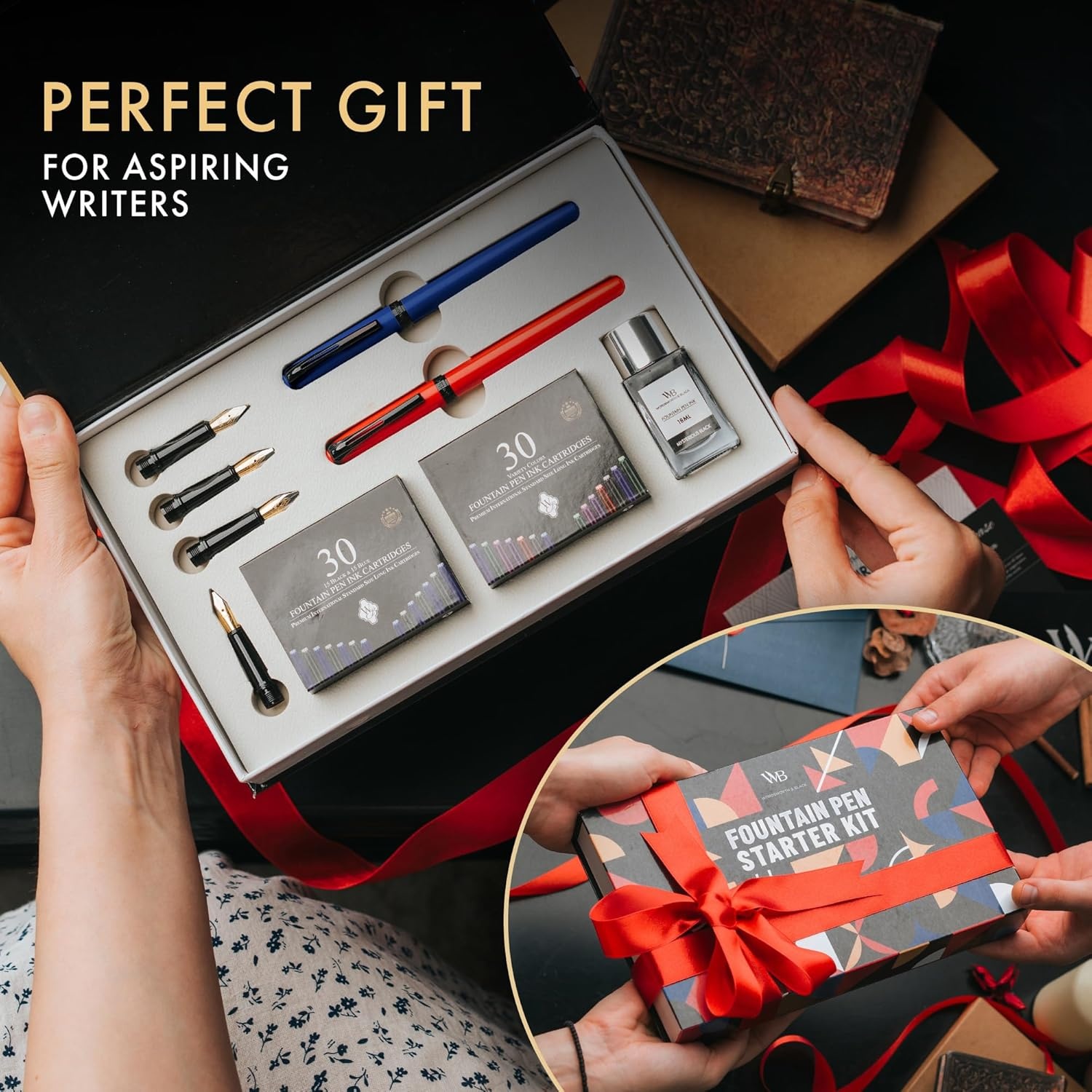 image:imageWordsworth and Black Fountain Pen Set Grey Includes 2 Pens 18 ML Ink Bottle 60 Ink Cartridges A Refill Converter 1 Medium and 4 Broad Nibs Brush Pen Fountain Pen Kit for BeginnersRed and Blue