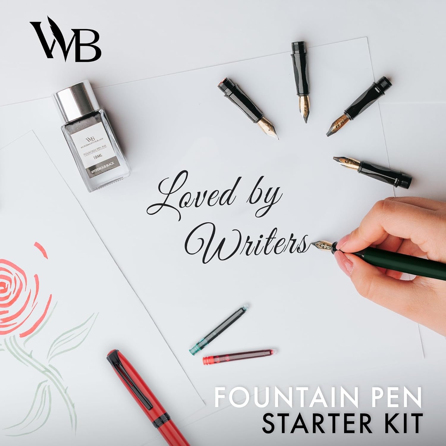image:imageWordsworth and Black Fountain Pen Set Grey Includes 2 Pens 18 ML Ink Bottle 60 Ink Cartridges A Refill Converter 1 Medium and 4 Broad Nibs Brush Pen Fountain Pen Kit for BeginnersRed and Green