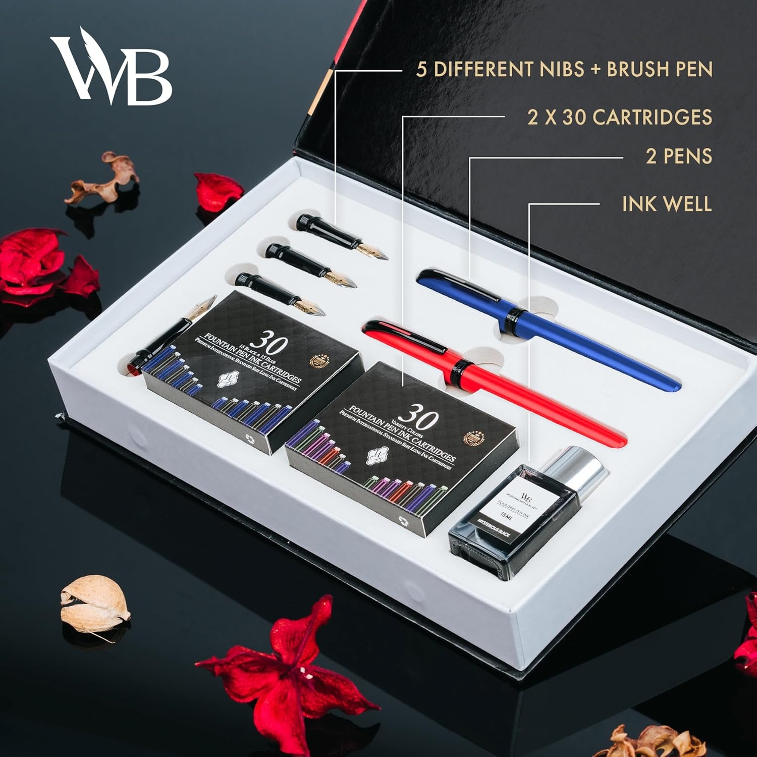 image:imageWordsworth and Black Fountain Pen Set Grey Includes 2 Pens 18 ML Ink Bottle 60 Ink Cartridges A Refill Converter 1 Medium and 4 Broad Nibs Brush Pen Fountain Pen Kit for BeginnersRed and Blue