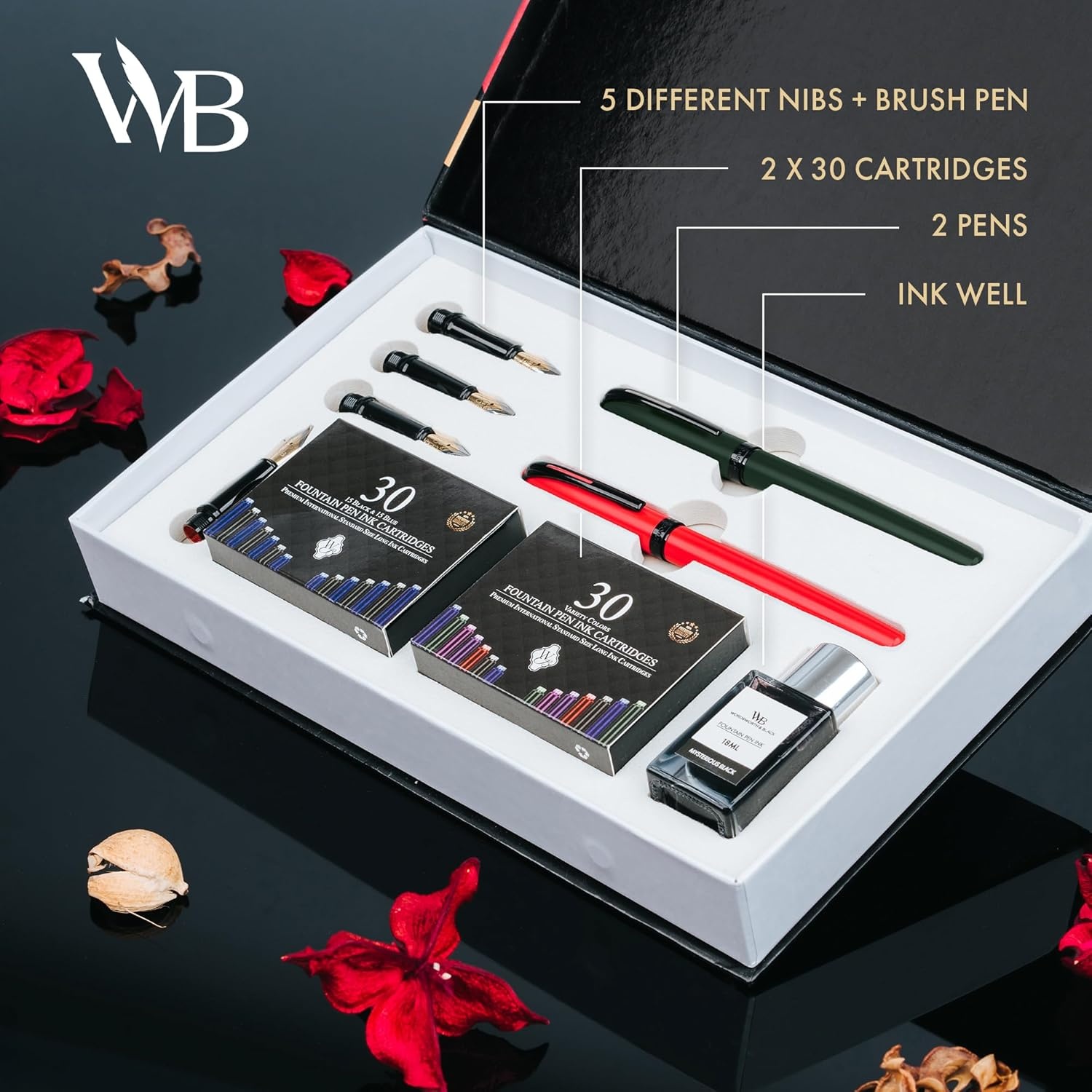 image:imageWordsworth and Black Fountain Pen Set Grey Includes 2 Pens 18 ML Ink Bottle 60 Ink Cartridges A Refill Converter 1 Medium and 4 Broad Nibs Brush Pen Fountain Pen Kit for BeginnersRed and Green