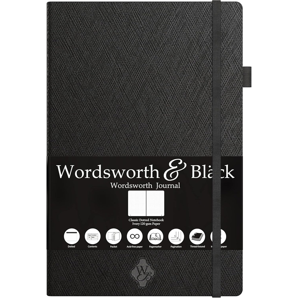image:imageThin Classic Premium Bullet Grid Journal with Pen Loop A5 58 x 83 Dotted Hard Cover Notebook Lightweight Numbered Pages Dotted Journal Leather Inner Pocket Ivory 120gsm Paper Black