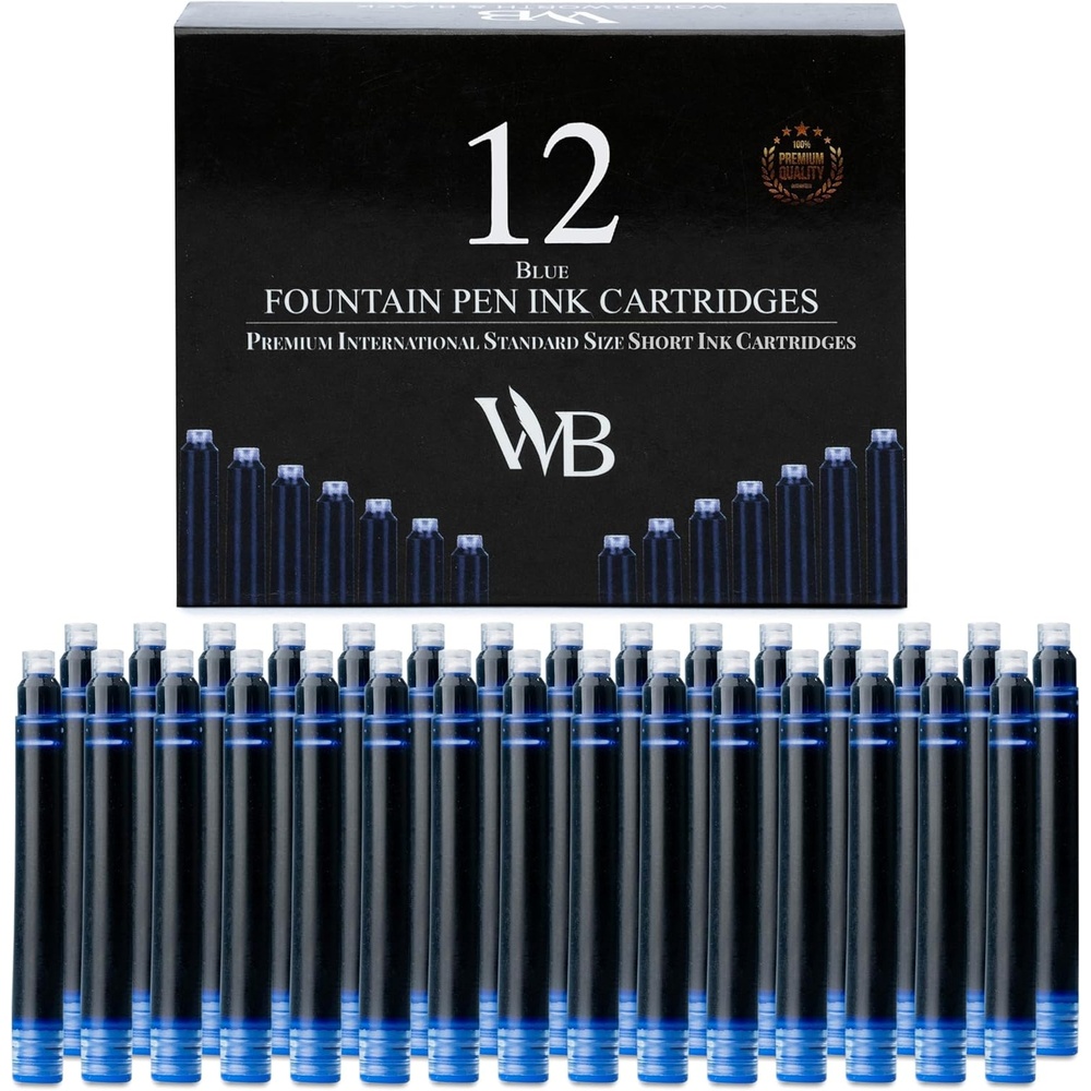 image:imageWordsworth amp Black 12 Pack Fountain Pen Ink Refills Set of 12 Black Ink Cartridges International Standard Size Length APPR 23 Base Diameter APPR 024 Disposable and GenericBlue