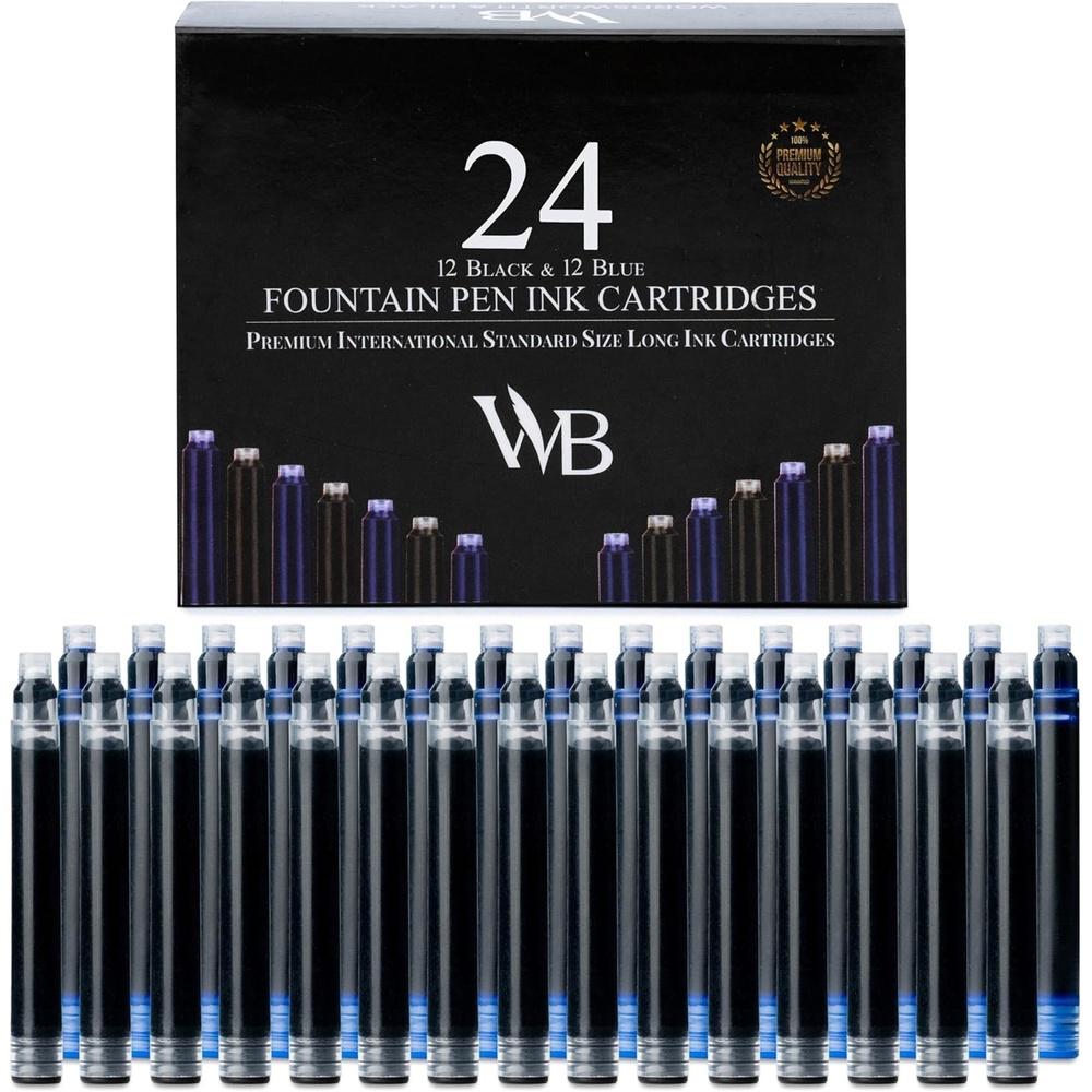 image:imageWordsworth amp Black 24 Pack Fountain Pen Ink Refills Set of 24 Assorted Ink Cartridges International Standard Size Length APPR 23 Base Diameter APPR 024 Disposable and GenericBlack Blue