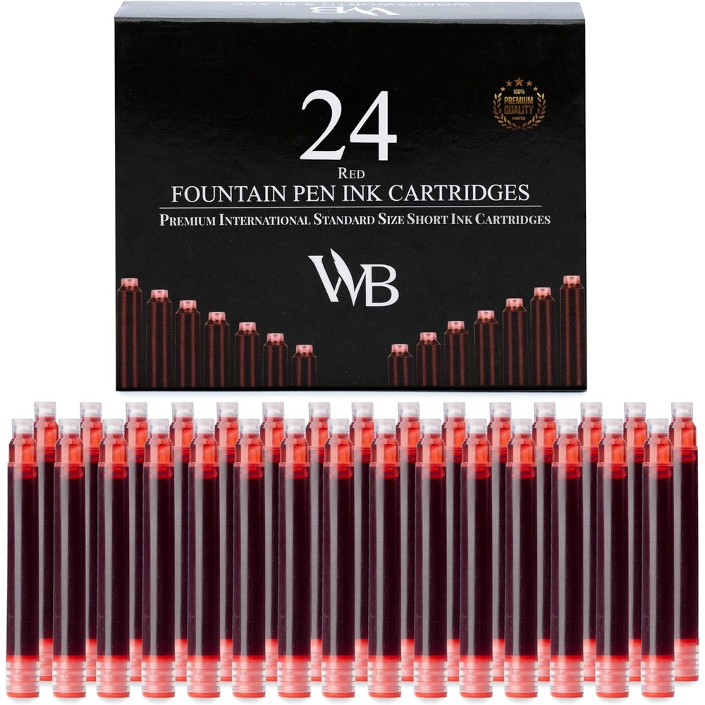 image:imageWordsworth amp Black 24 Pack Fountain Pen Ink Refills Set of 24 Assorted Ink Cartridges International Standard Size Length APPR 23 Base Diameter APPR 024 Disposable and GenericRed