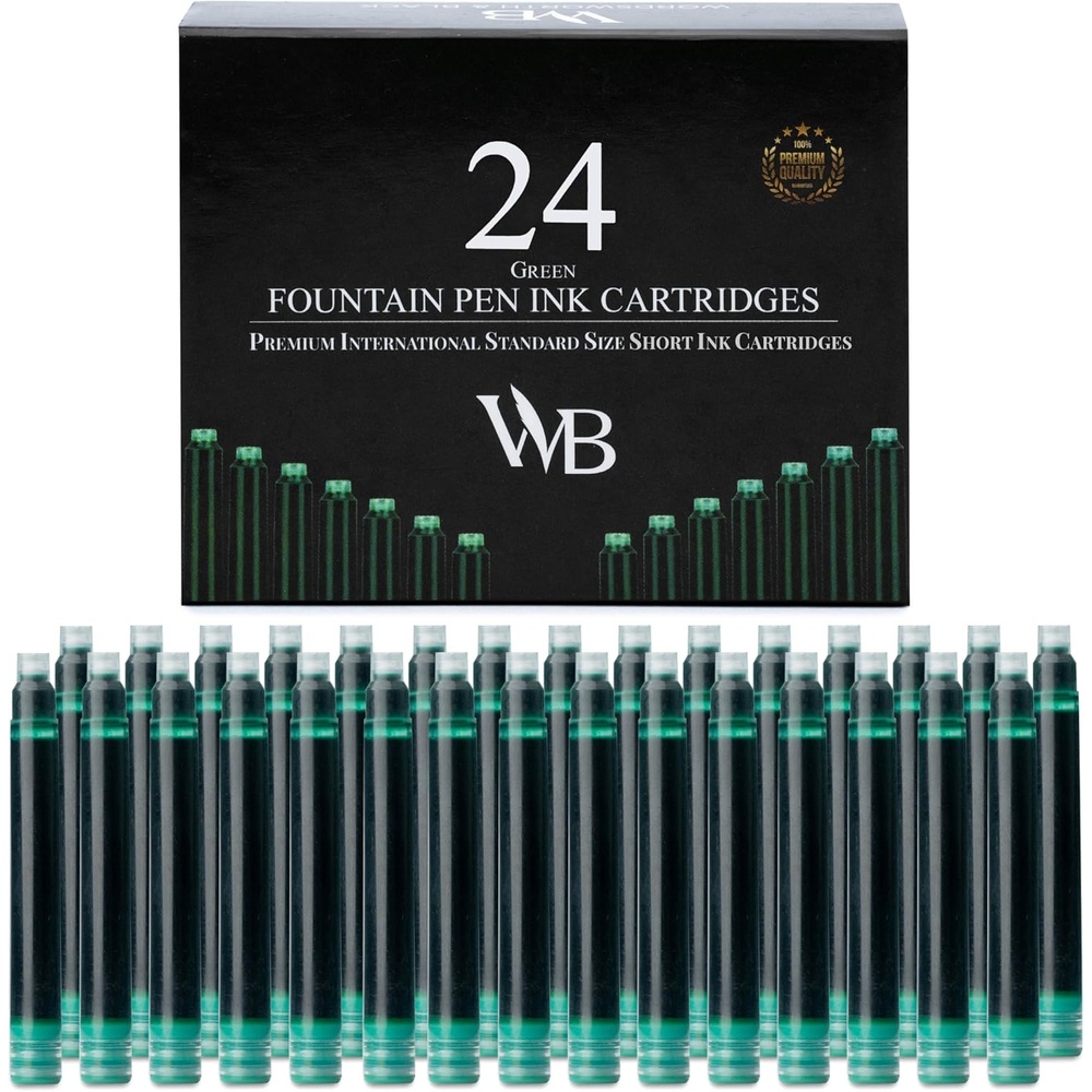 image:imageWordsworth amp Black 24 Pack Fountain Pen Ink Refills Set of 24 Assorted Ink Cartridges International Standard Size Length APPR 23 Base Diameter APPR 024 Disposable and GenericGreen