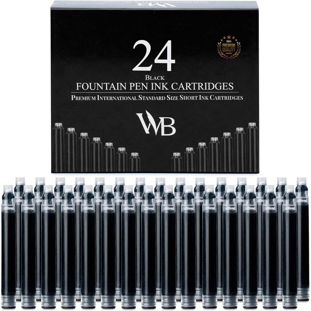 image:imageWordsworth amp Black 24 Pack Fountain Pen Ink Refills Set of 24 Assorted Ink Cartridges International Standard Size Length APPR 23 Base Diameter APPR 024 Disposable and GenericBlack