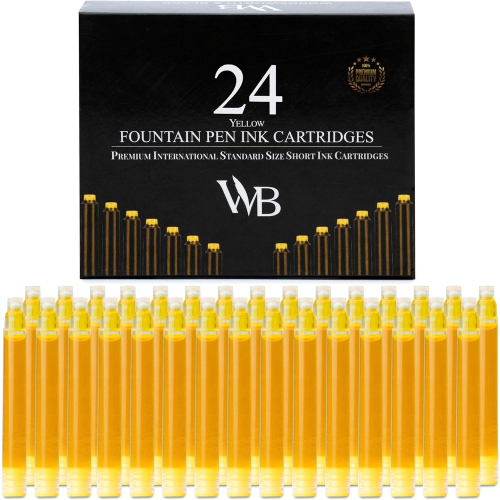 image:imageWordsworth amp Black 24 Pack Fountain Pen Ink Refills Set of 24 Assorted Ink Cartridges International Standard Size Length APPR 23 Base Diameter APPR 024 Disposable and GenericYellow
