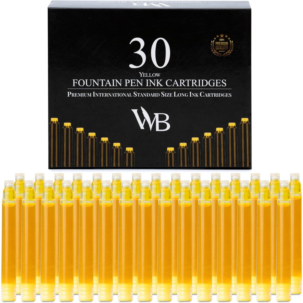 image:imageWordsworth amp Black 30 Pack Fountain Pen Ink Refills Set of 30 Assorted Ink Cartridges International Standard Size Length APPR 23 Base Diameter APPR 024 Disposable and GenericYellow