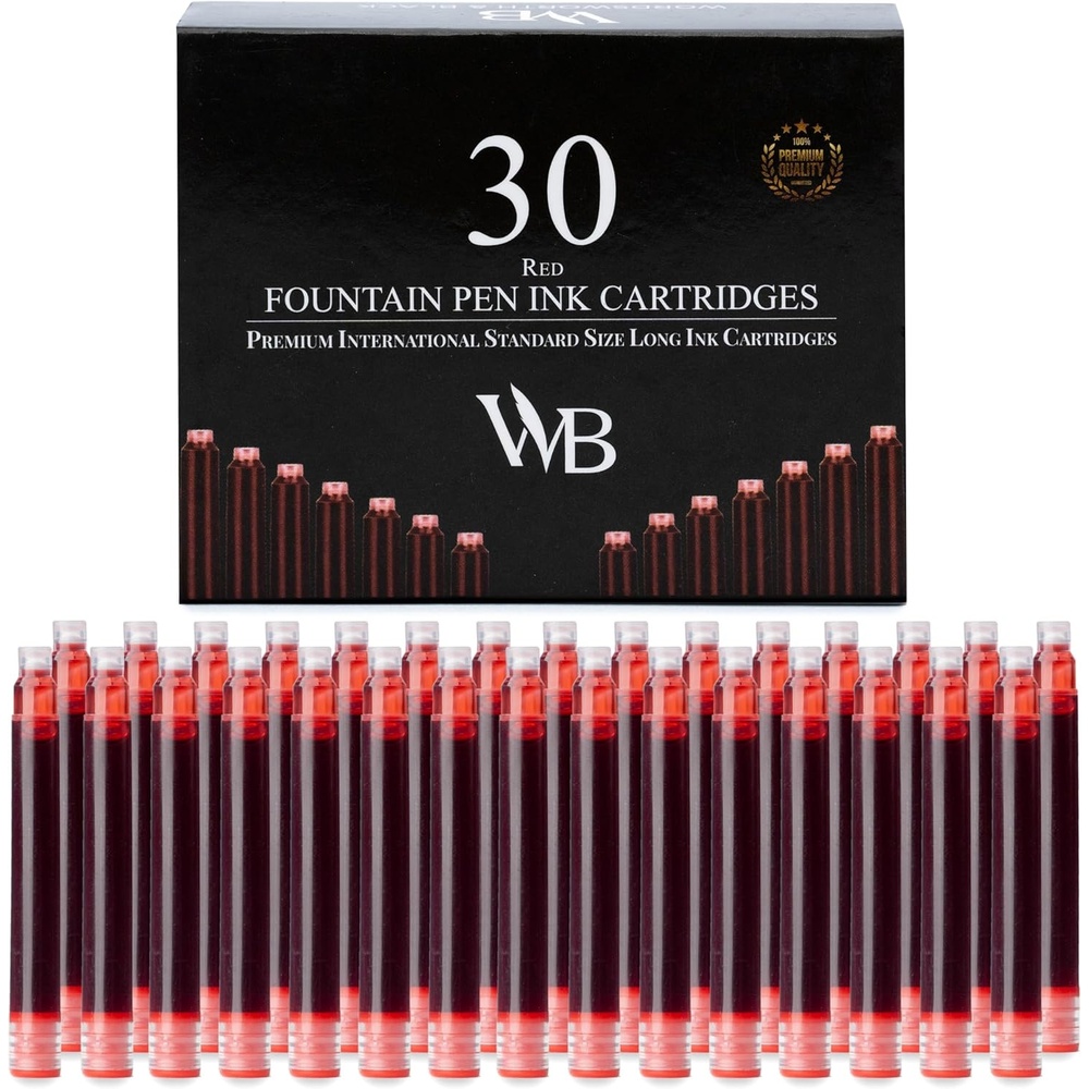 image:imageWordsworth amp Black 30 Pack Fountain Pen Ink Refills Set of 30 Assorted Ink Cartridges International Standard Size Length APPR 23 Base Diameter APPR 024 Disposable and GenericRed