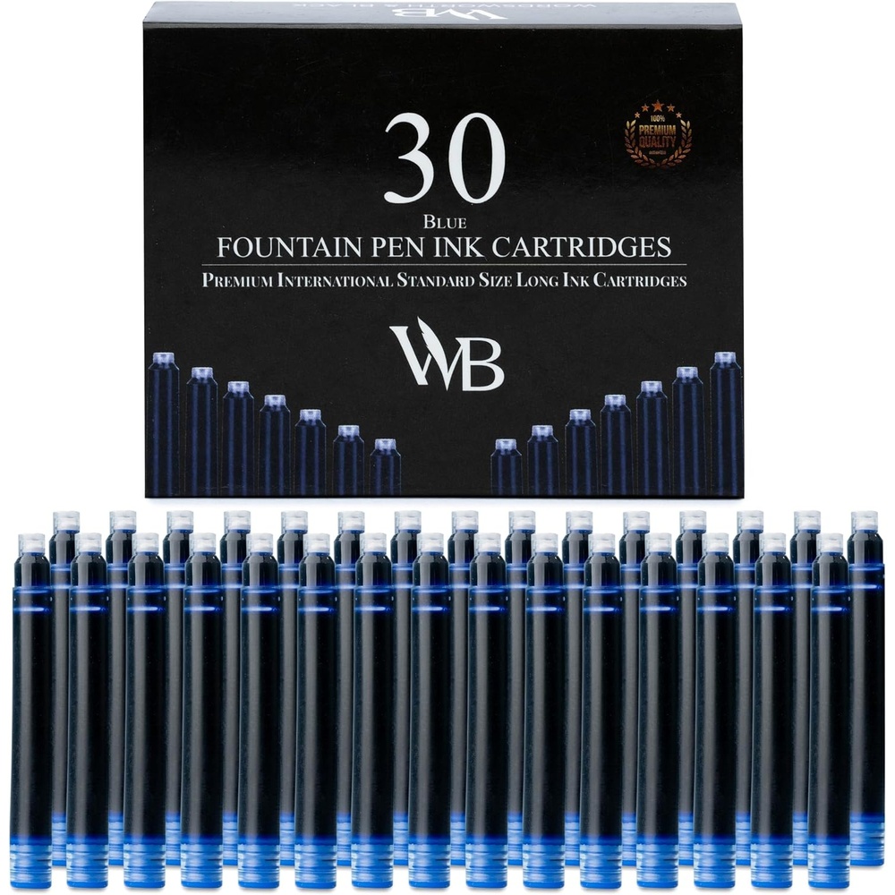 image:imageWordsworth amp Black 30 Pack Fountain Pen Ink Refills Set of 30 Assorted Ink Cartridges International Standard Size Length APPR 23 Base Diameter APPR 024 Disposable and GenericBlue