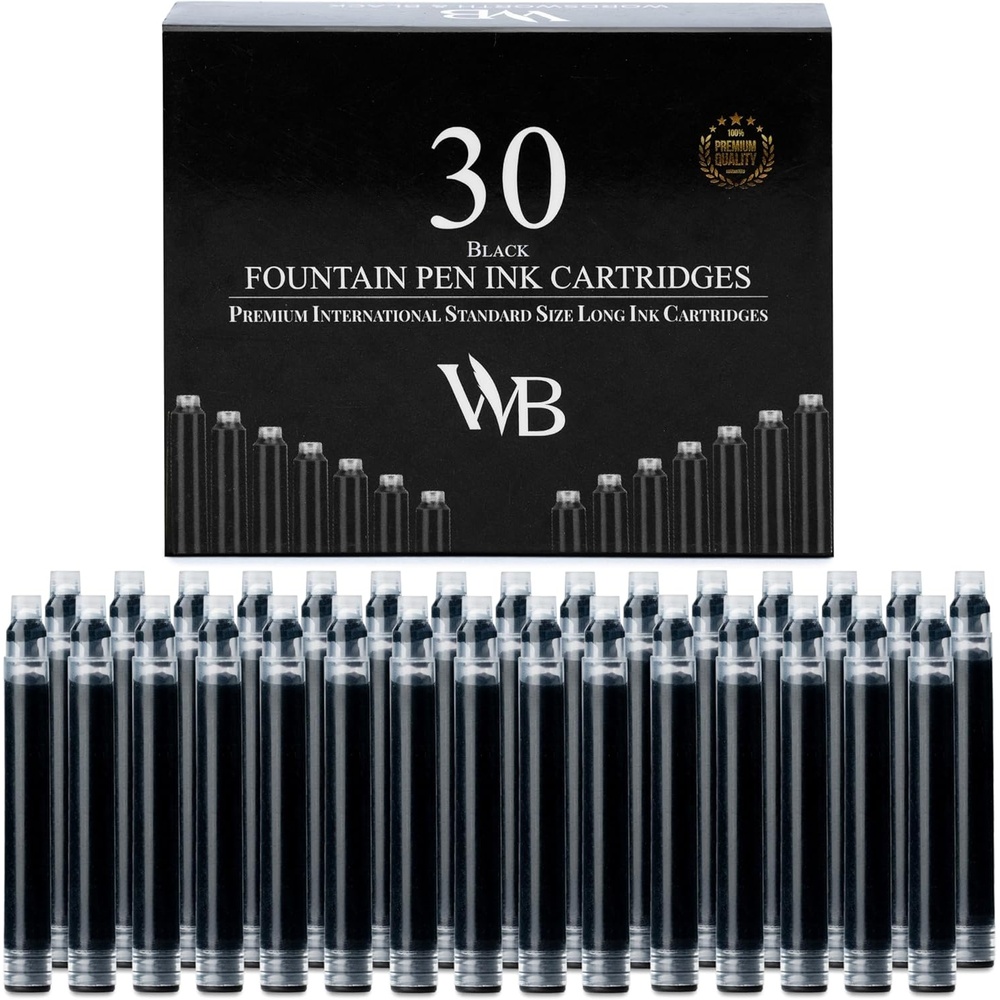 image:imageWordsworth amp Black 30 Pack Fountain Pen Ink Refills Set of 30 Assorted Ink Cartridges International Standard Size Length APPR 23 Base Diameter APPR 024 Disposable and GenericBlack