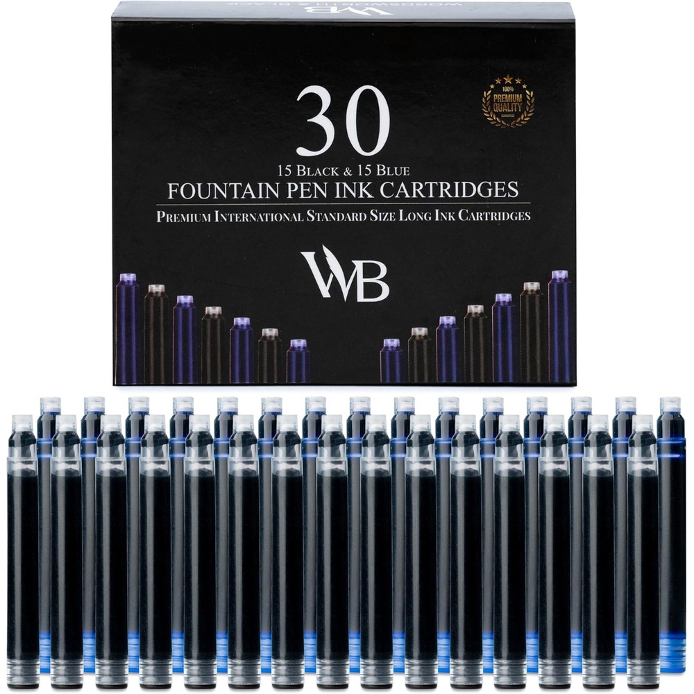 image:imageWordsworth amp Black 30 Pack Fountain Pen Ink Refills Set of 30 Assorted Ink Cartridges International Standard Size Length APPR 23 Base Diameter APPR 024 Disposable and GenericBlack Blue