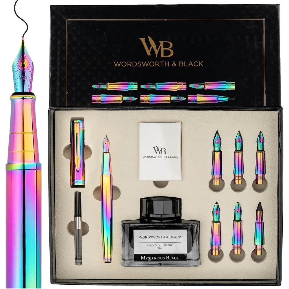 image:imageWordsworth amp Black Calligraphy Pen Gift Set Includes Bottle 6 Cartridges Refill Converter 6 Replacement Nibs Premium Package Journaling Smooth Writing Pens Red ChromeRainbow