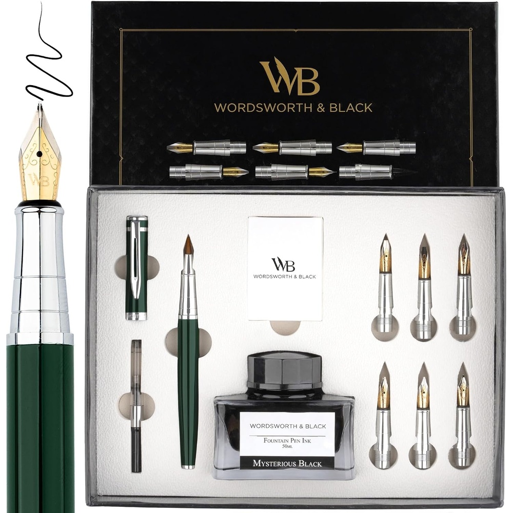 image:imageWordsworth amp Black Calligraphy Pen Gift Set Includes Bottle 6 Cartridges Refill Converter 6 Replacement Nibs Premium Package Journaling Smooth Writing Pens Red ChromeGreen Chrome