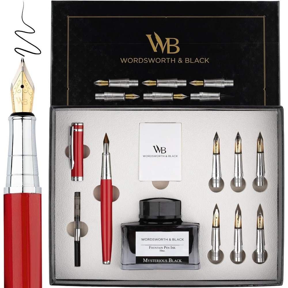 image:imageWordsworth amp Black Calligraphy Pen Gift Set Includes Bottle 6 Cartridges Refill Converter 6 Replacement Nibs Premium Package Journaling Smooth Writing Pens Red ChromeRed Chrome