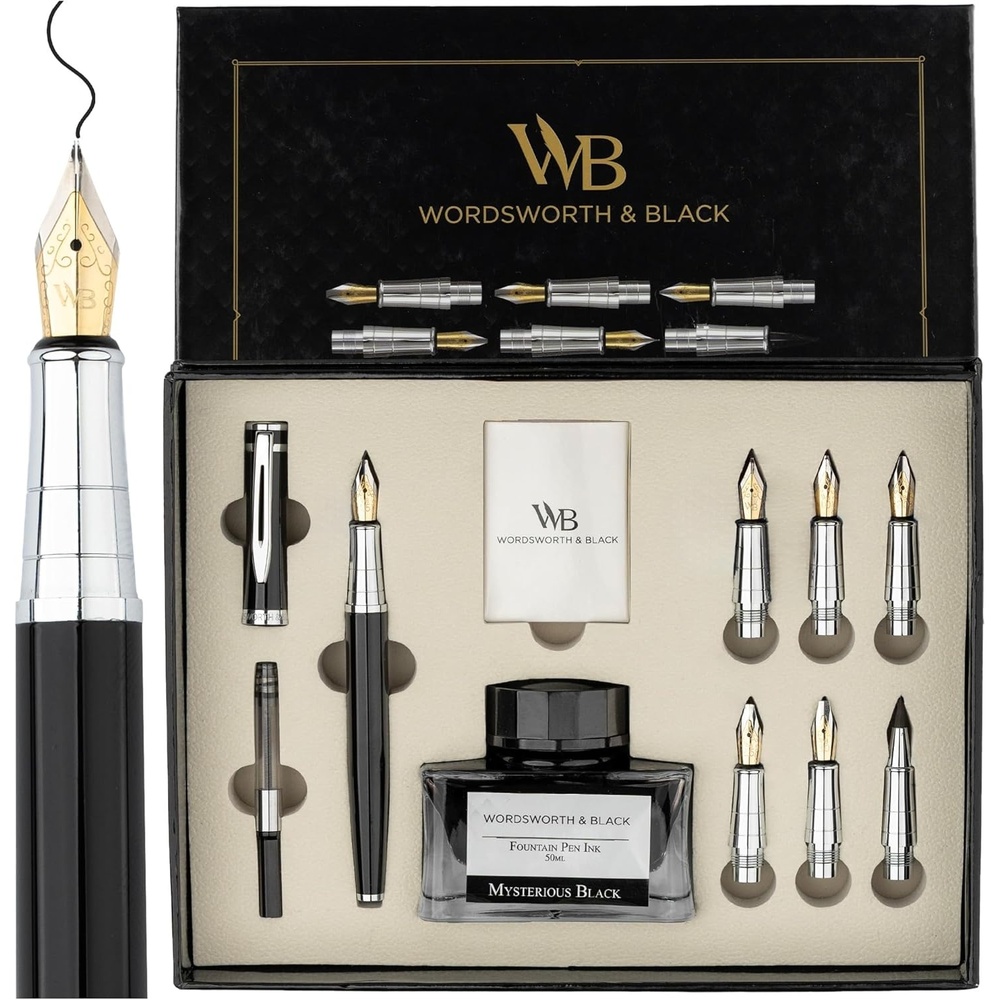image:imageWordsworth amp Black Calligraphy Pen Gift Set Includes Bottle 6 Cartridges Refill Converter 6 Replacement Nibs Premium Package Journaling Smooth Writing Pens Red ChromeBlack Chrome