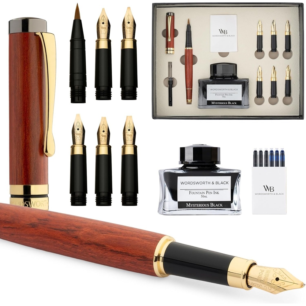 image:imageWordsworth amp Black Calligraphy Pen Gift Set Includes Ink Bottle 6 Cartridges Refill Converter 6 Replacement Nibs Luxury Bamboo Journaling Smooth Writing Pens Black WoodRosewood