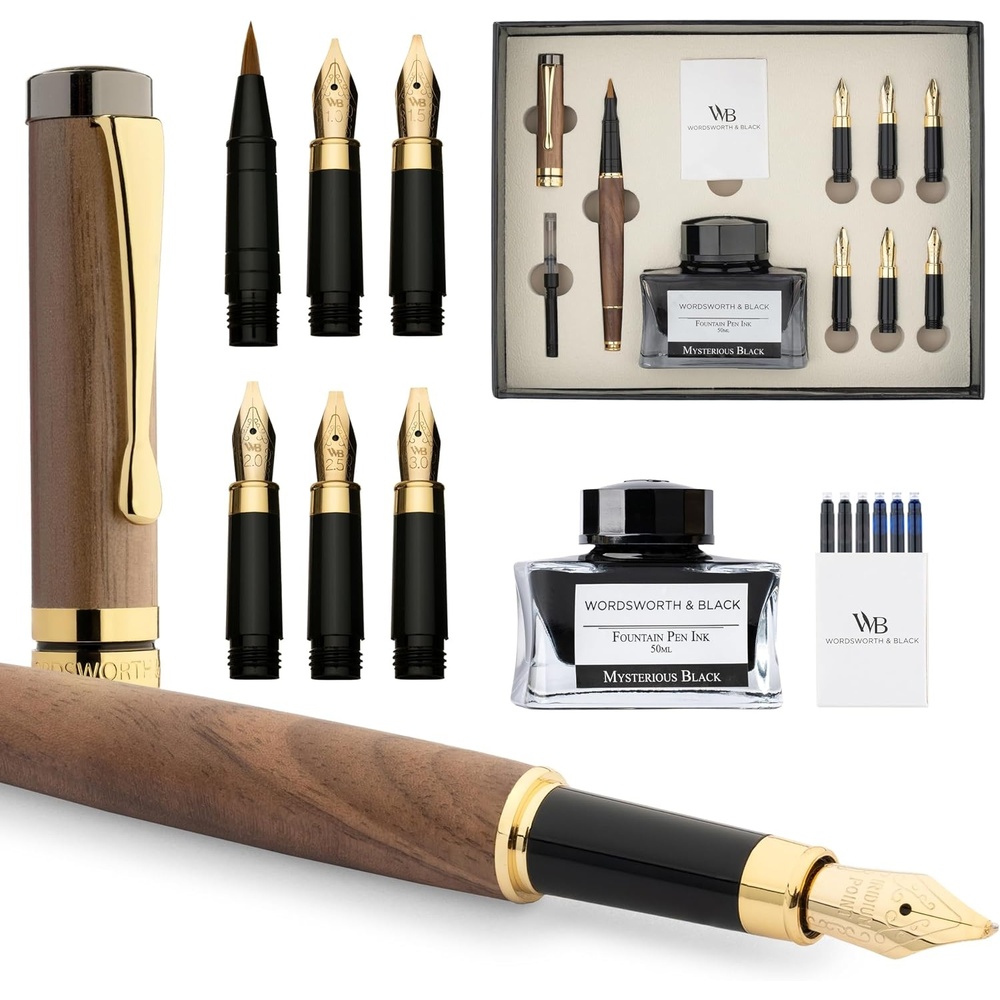 image:imageWordsworth amp Black Calligraphy Pen Gift Set Includes Ink Bottle 6 Cartridges Refill Converter 6 Replacement Nibs Luxury Bamboo Journaling Smooth Writing Pens Black WoodBrown Wood